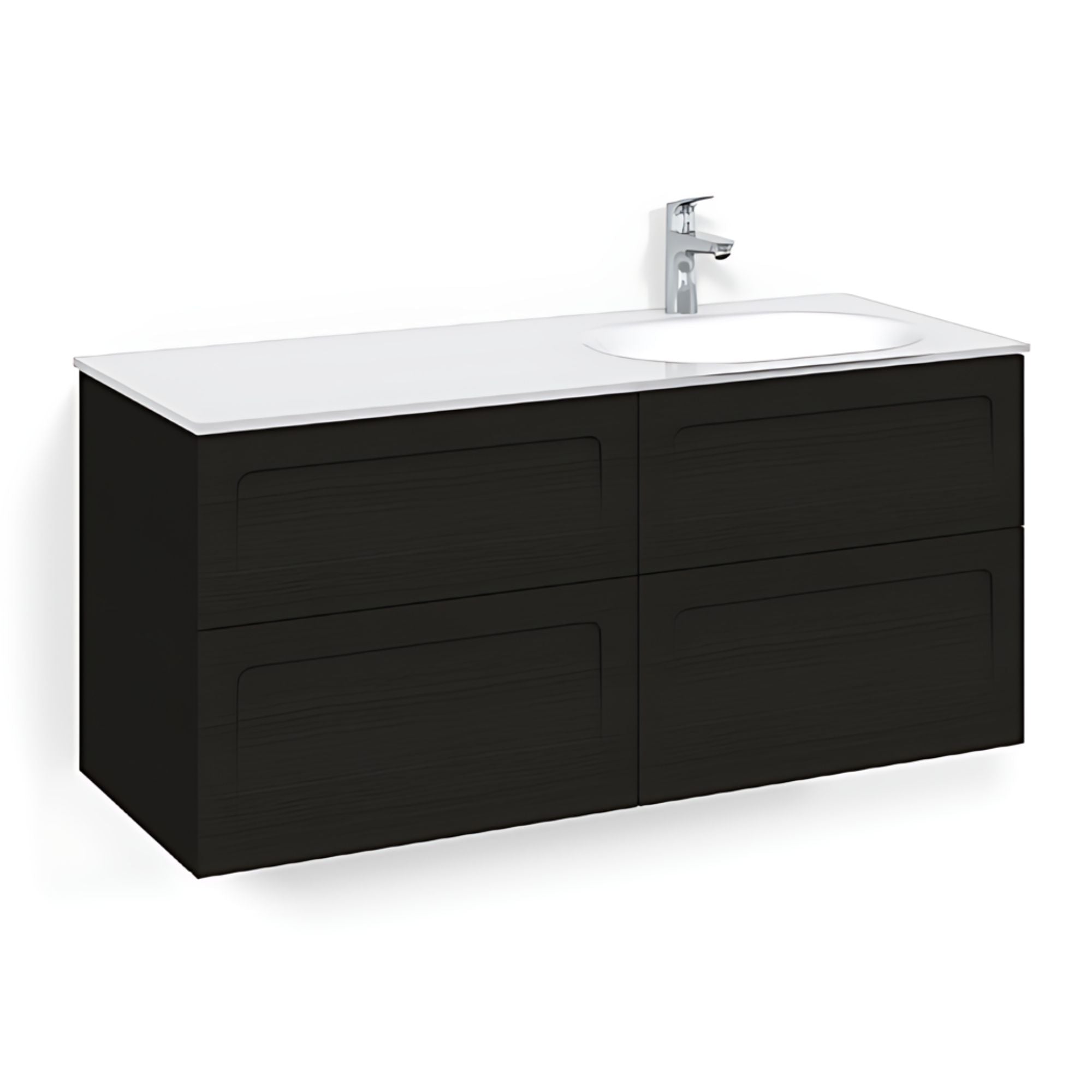 Macro Design CROWN Servantskap 4-skuff - med Høyre Glasservant 120cm Svart eik / Shape / Glass Edge hvit Macro Design Møbelpakke bad BUN-FSK120SSVGHH