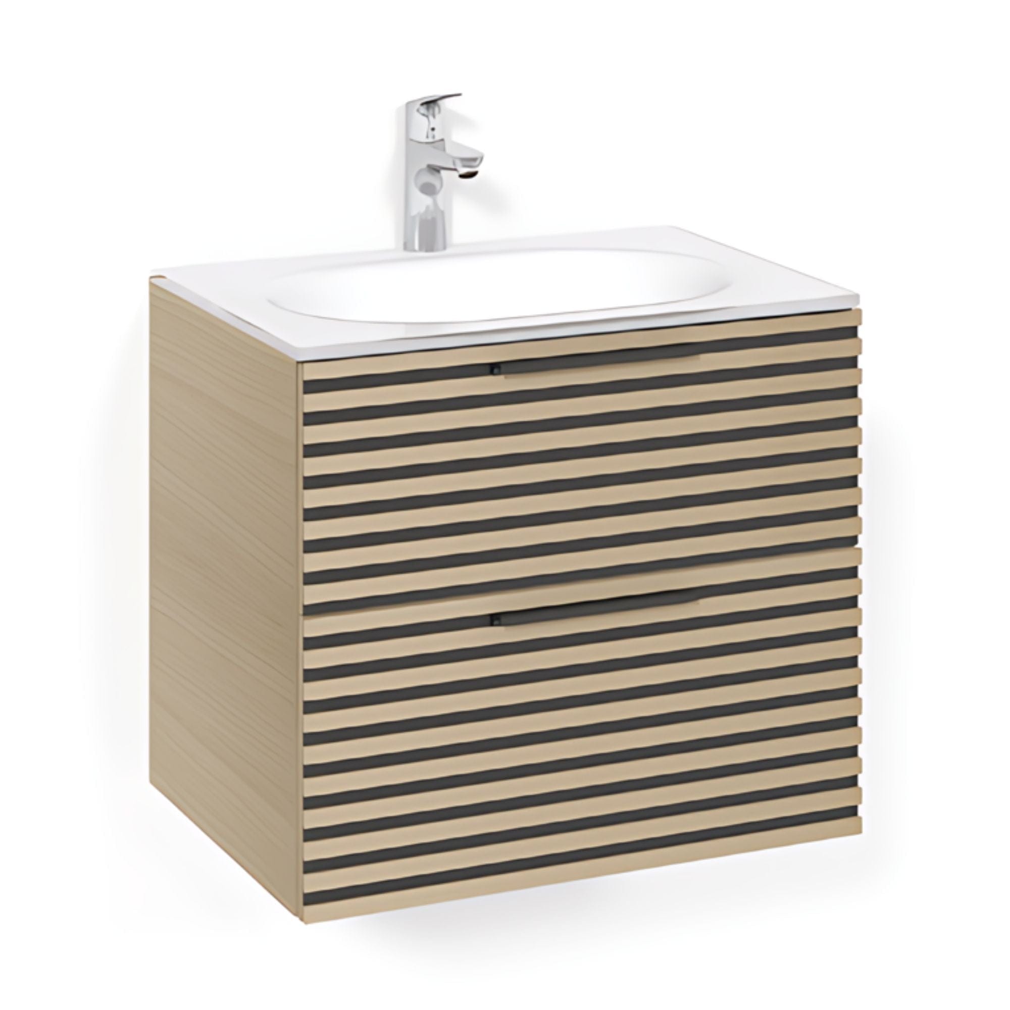 Macro Design CROWN Stripe Servantskap 2-skuff - med Glasservant Eik / 60cm / Glass Edge hvit Macro Design Møbelpakke bad BUN-FSK60EZVG