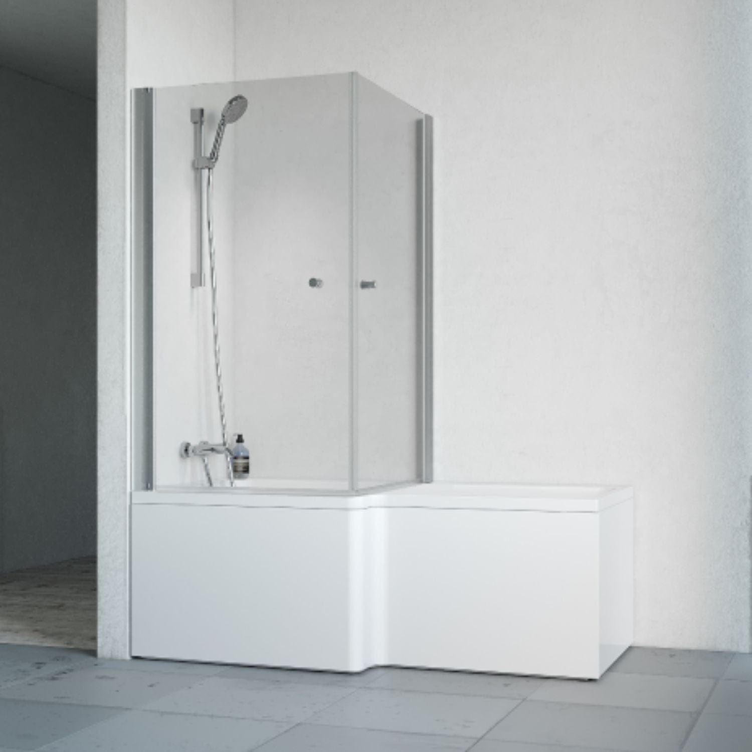 Macro Design Divine Badekar med Spirit Dusjvegger Krom / 83x83cm med knott / Venstre Macro Design Badekarvegg BUN-DSBADVH8383GKKL