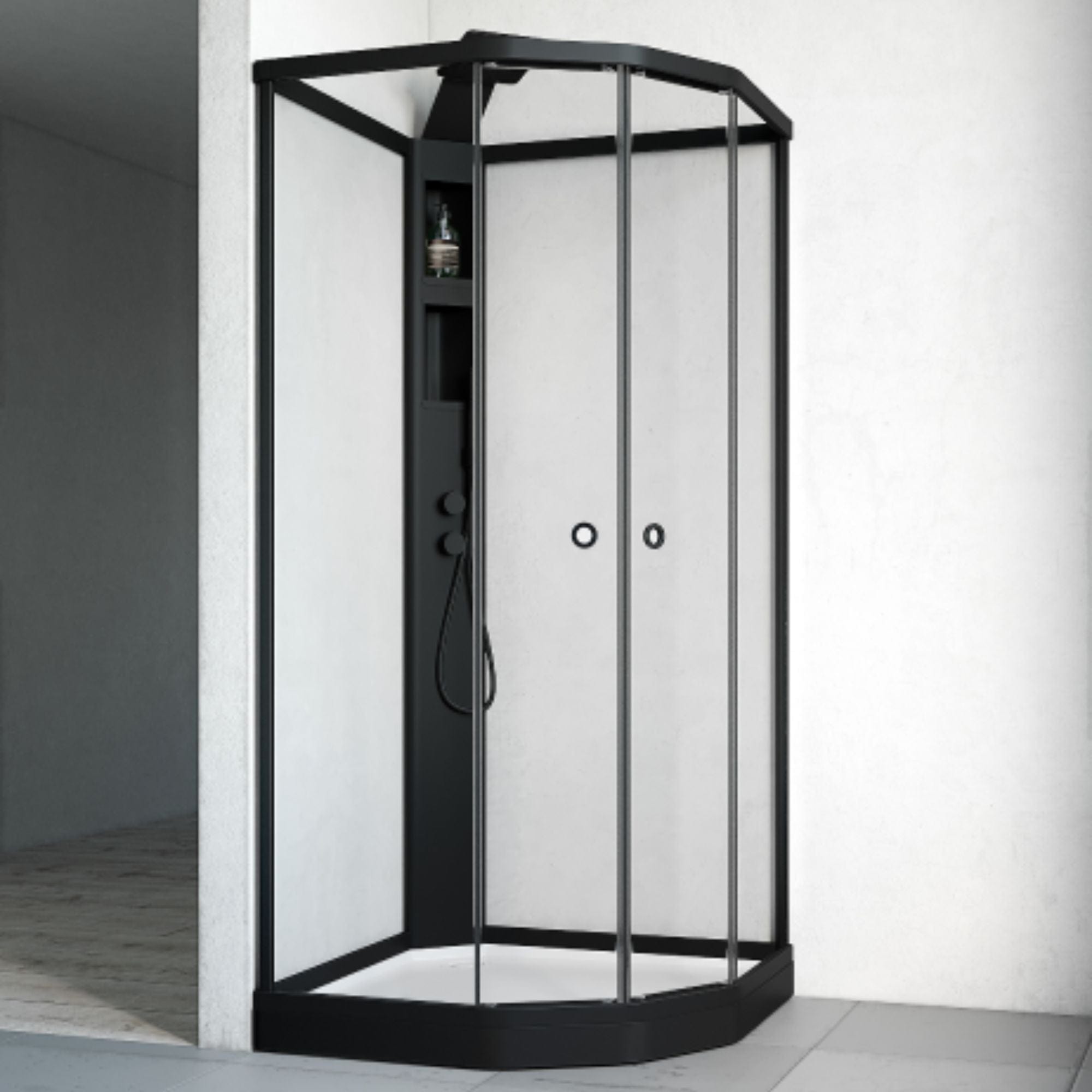 Macro Design FLOW Semi Dusjkabinett Innfelt Blandebatteri Svart - med Klarglass Frontvegg Svart / 71x91cm / Klart glass Macro Design Dusjkabinett BUN-DKFSIB79SKL