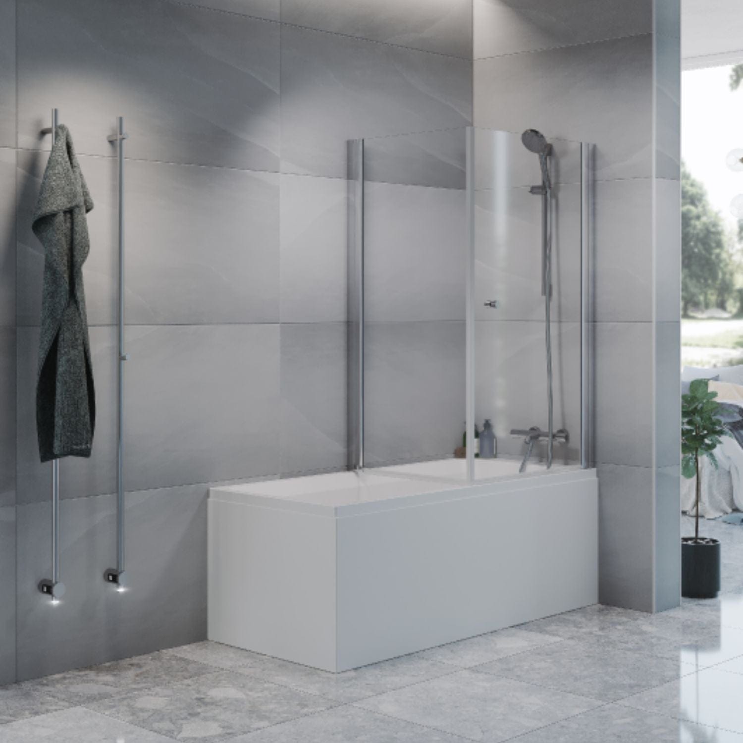 Macro Design LIVING Badekar med SPIRIT Hjørne Dusjvegg Krom / 68x93cm / Klart glass med knott Macro Design Badekarvegg BUN-DSBALH6893GKKL