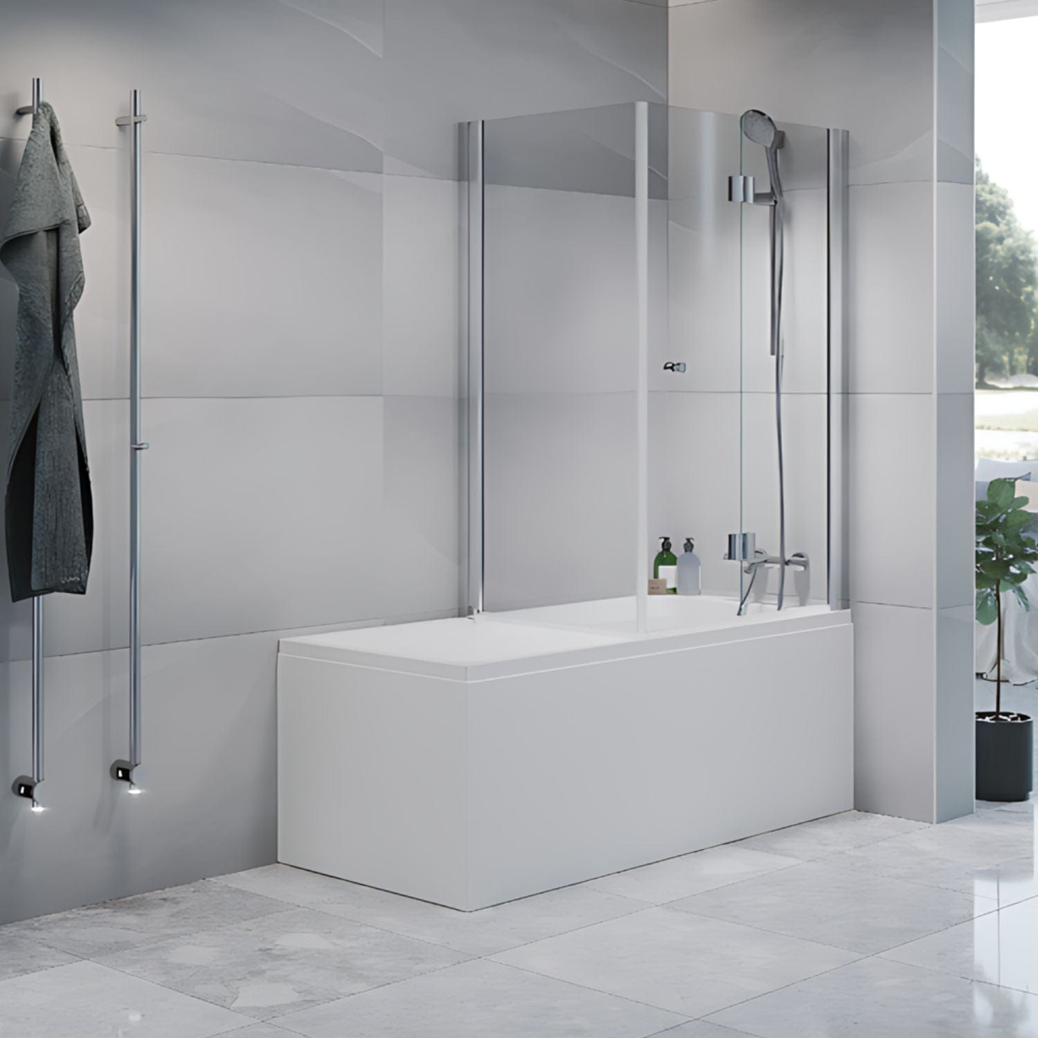 Macro Design LIVING Badekar med SPIRIT Vik dusjvegg Krom / 68x93cm / Klart glass med knott Macro Design badekarvegg BUN-DSBALHV6893GKKL