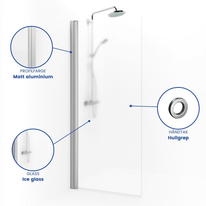 Macro Design SPIRIT Dusjdør Rett - med hullgrep Matt aluminium / 67cm / Ice glass Macro Design Dusjdør BUN-DSSKN67GIC