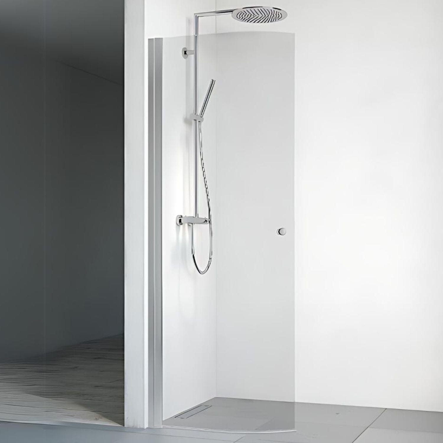 Macro Design SPIRIT Dusjdør Rund Lav Matt aluminium / 63cm / Klart glass med knott Macro Design Dusjdør BUN-DFSCN63KKLL