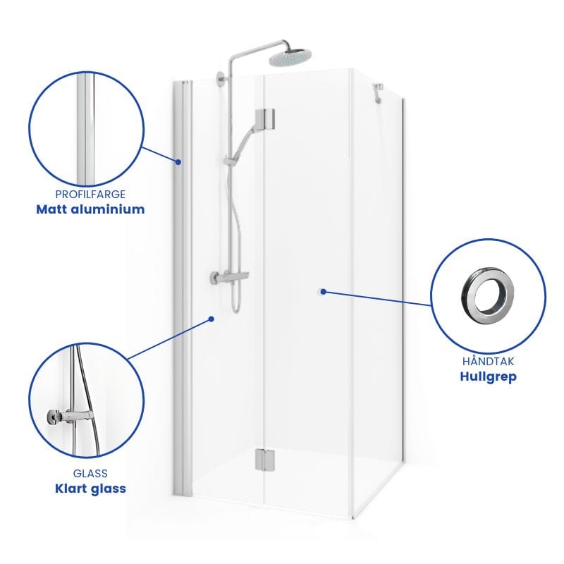 Macro Design SPIRIT Dusjhjørne Vik Swing - med hullgrep Matt aluminium / 100x100cm / Klart glass Macro Design Dusjhjørne BUN-DSVSV110NGKL