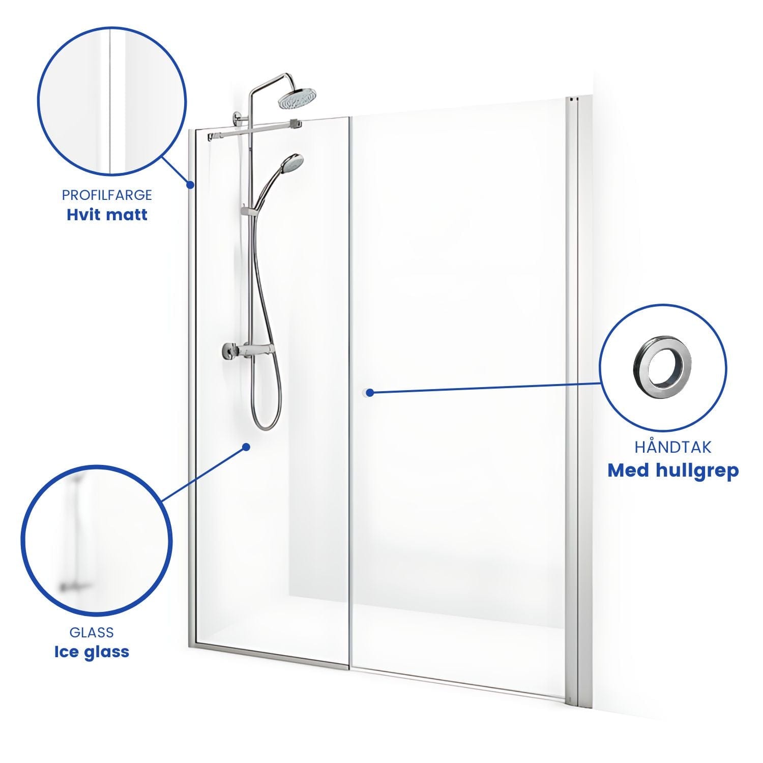 Macro Design SPIRIT Nisjedusj Swing Ice - med hullgrep Hvit matt / 70x67cm / Ice glass Macro Design Dusjnisje BUN-DSSV767VGIC