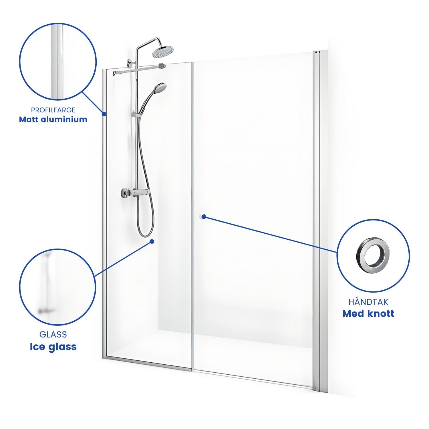 Macro Design SPIRIT Nisjedusj Swing Ice - med hullgrep Matt aluminium / 70x67cm / Ice glass Macro Design Dusjnisje BUN-DSSV767NGIC