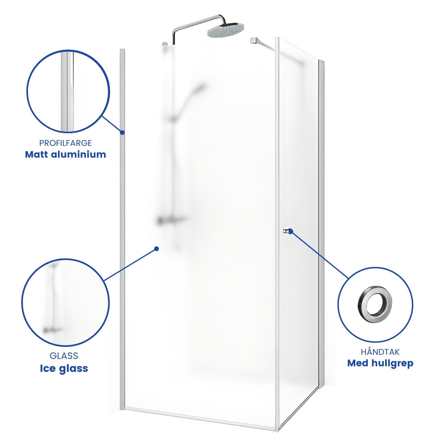 Macro Design SPIRIT Nisjedusj Swing Ice - med hullgrep Matt aluminium / 70x70cm / Ice glass Macro Design Dusjnisje BUN-DSSV77NGIC