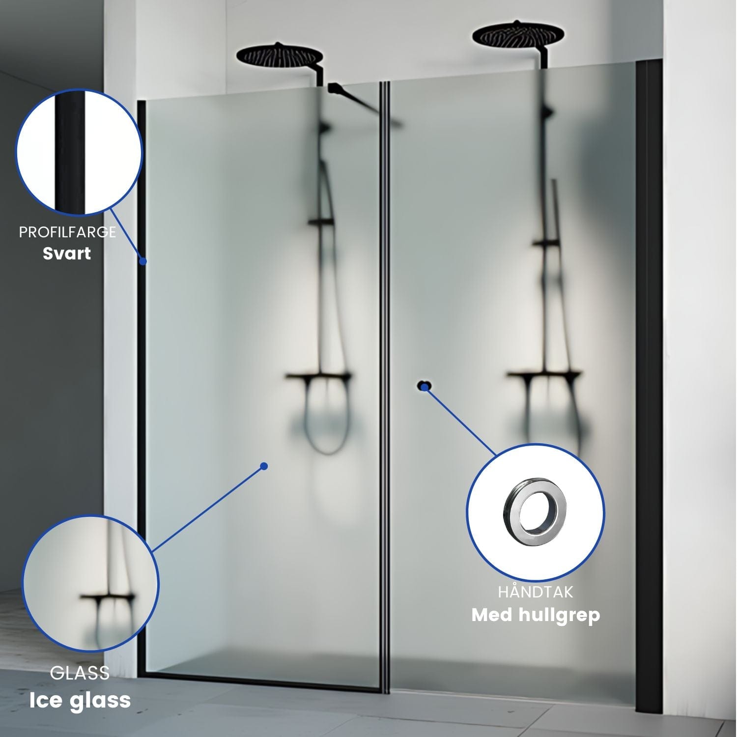 Macro Design SPIRIT Nisjedusj Swing Ice - med hullgrep Svart matt / 70x67cm / Ice glass Macro Design Dusjnisje BUN-DSSV767SGIC