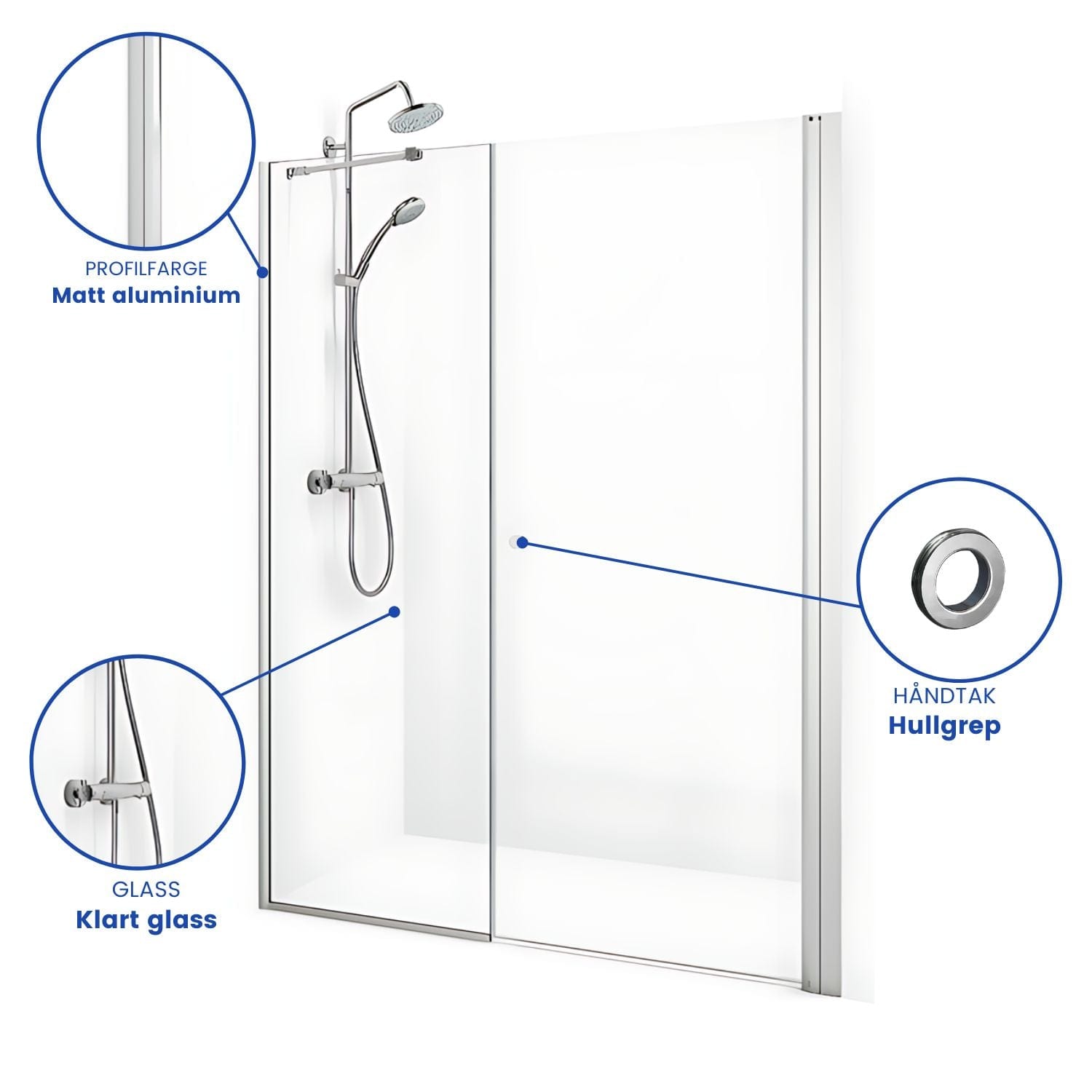 Macro Design SPIRIT Nisjedusj Swing - med hullgrep Matt aluminium / 70x67cm / Klart glass Macro Design Dusjnisje BUN-DSSV767NGKL