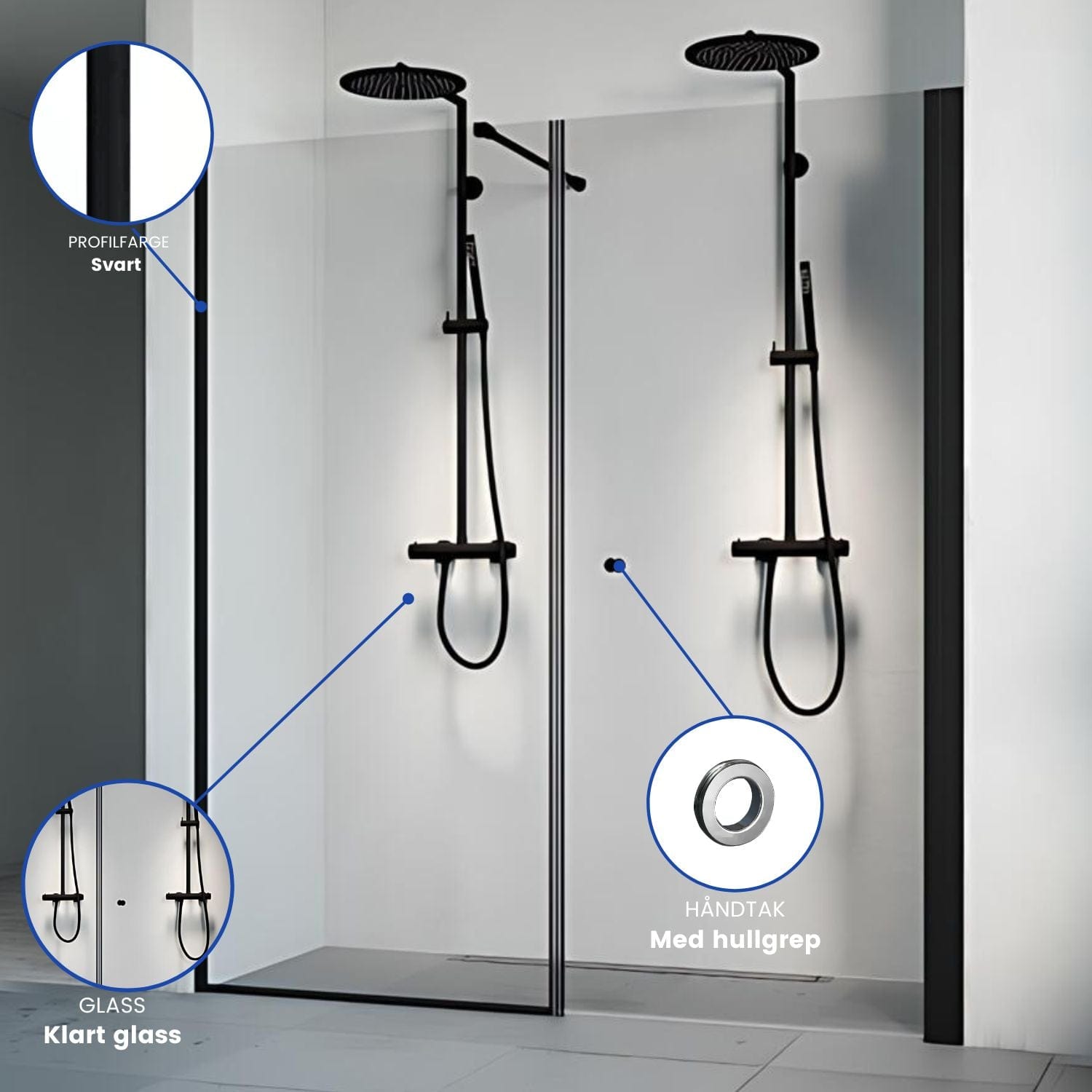 Macro Design SPIRIT Nisjedusj Swing - med hullgrep Svart matt / 70x67cm / Klart glass Macro Design Dusjnisje BUN-DSSV767SGKL