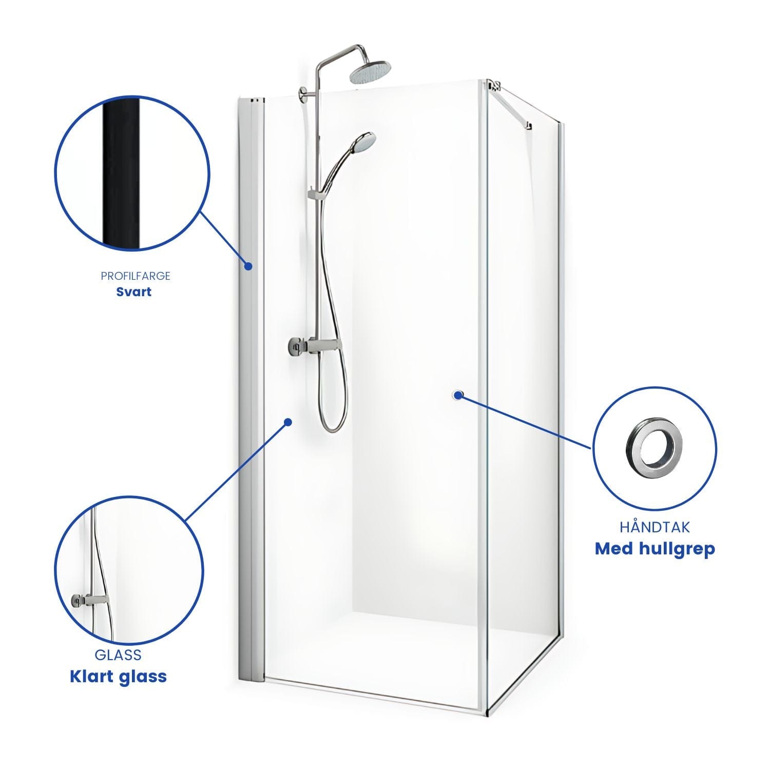 Macro Design SPIRIT Nisjedusj Swing - med hullgrep Svart matt / 70x70cm / Klart glass Macro Design Dusjnisje BUN-DSSV77SGKL