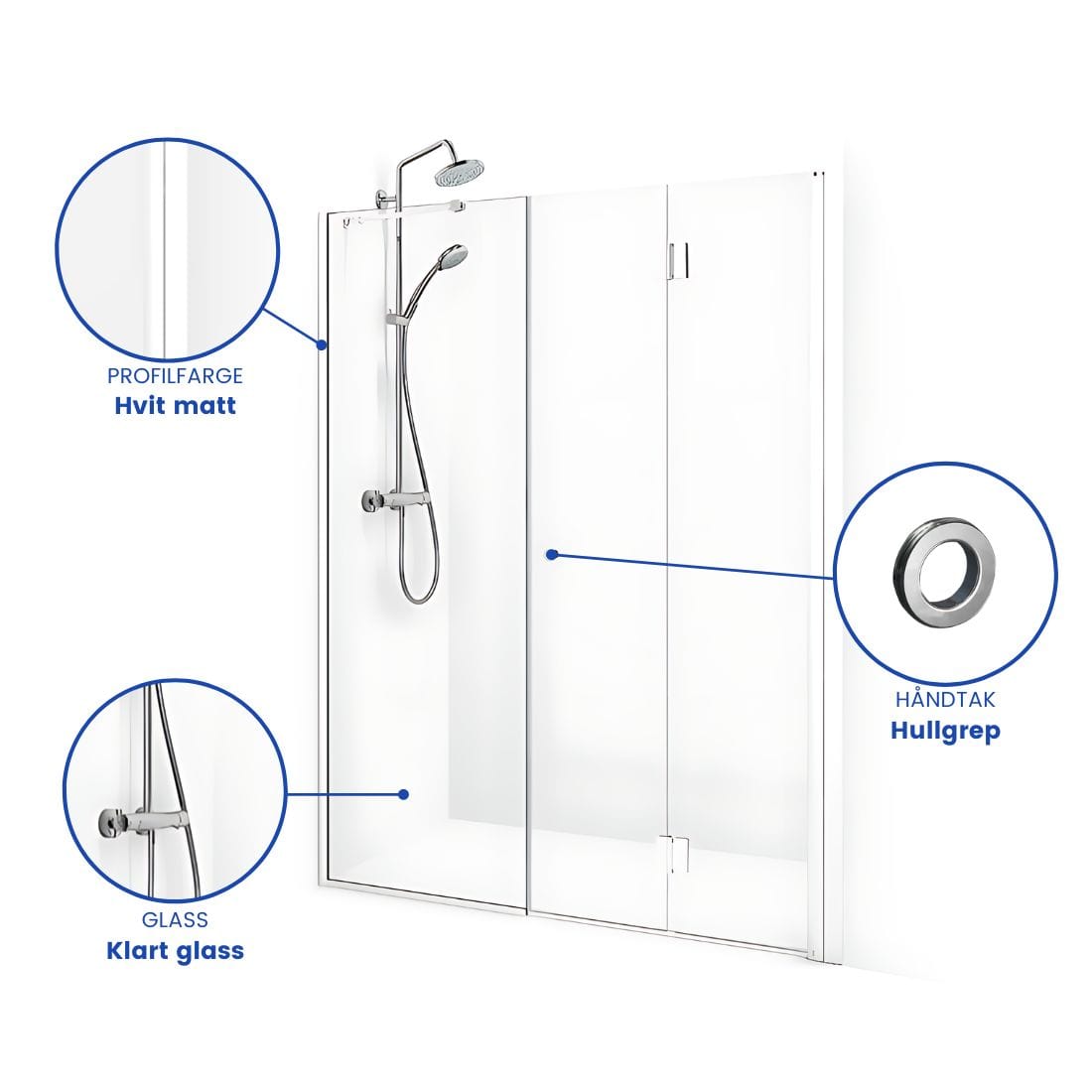 Macro Design SPIRIT Nisjedusj Vik Swing- med hullgrep Hvit matt / 70+67cm / Klart glass Macro Design Dusjnisje BUN-DSVSV767VGKL
