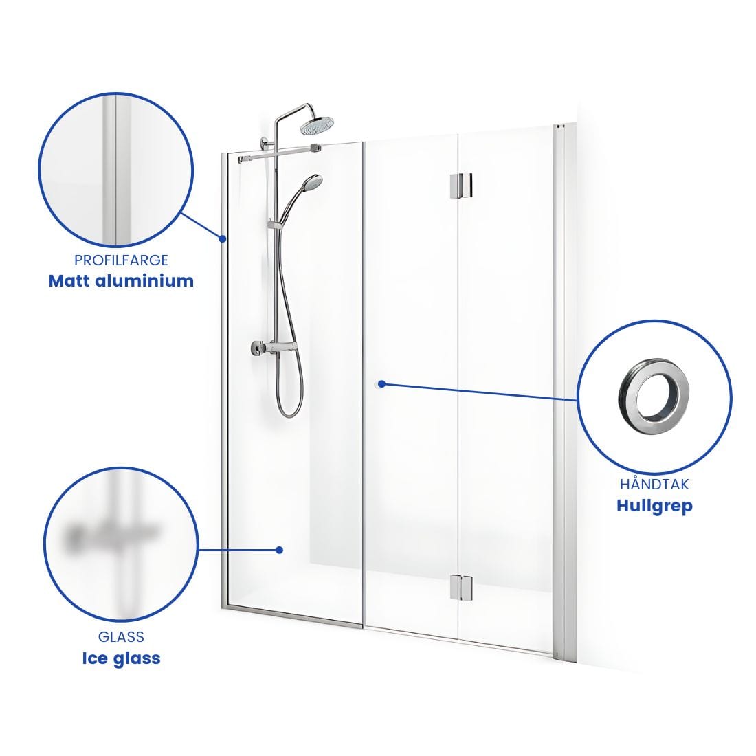 Macro Design SPIRIT Nisjedusj Vik Swing- med hullgrep Matt aluminium / 70+67cm / Ice glass Macro Design Dusjnisje BUN-DSVSV767NGIC