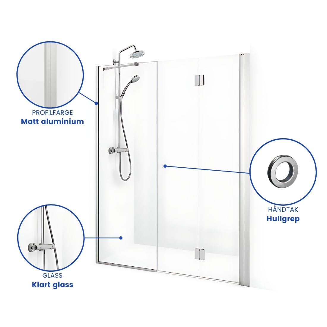 Macro Design SPIRIT Nisjedusj Vik Swing- med hullgrep Matt aluminium / 70+67cm / Klart glass Macro Design Dusjnisje BUN-DSVSV767NGKL