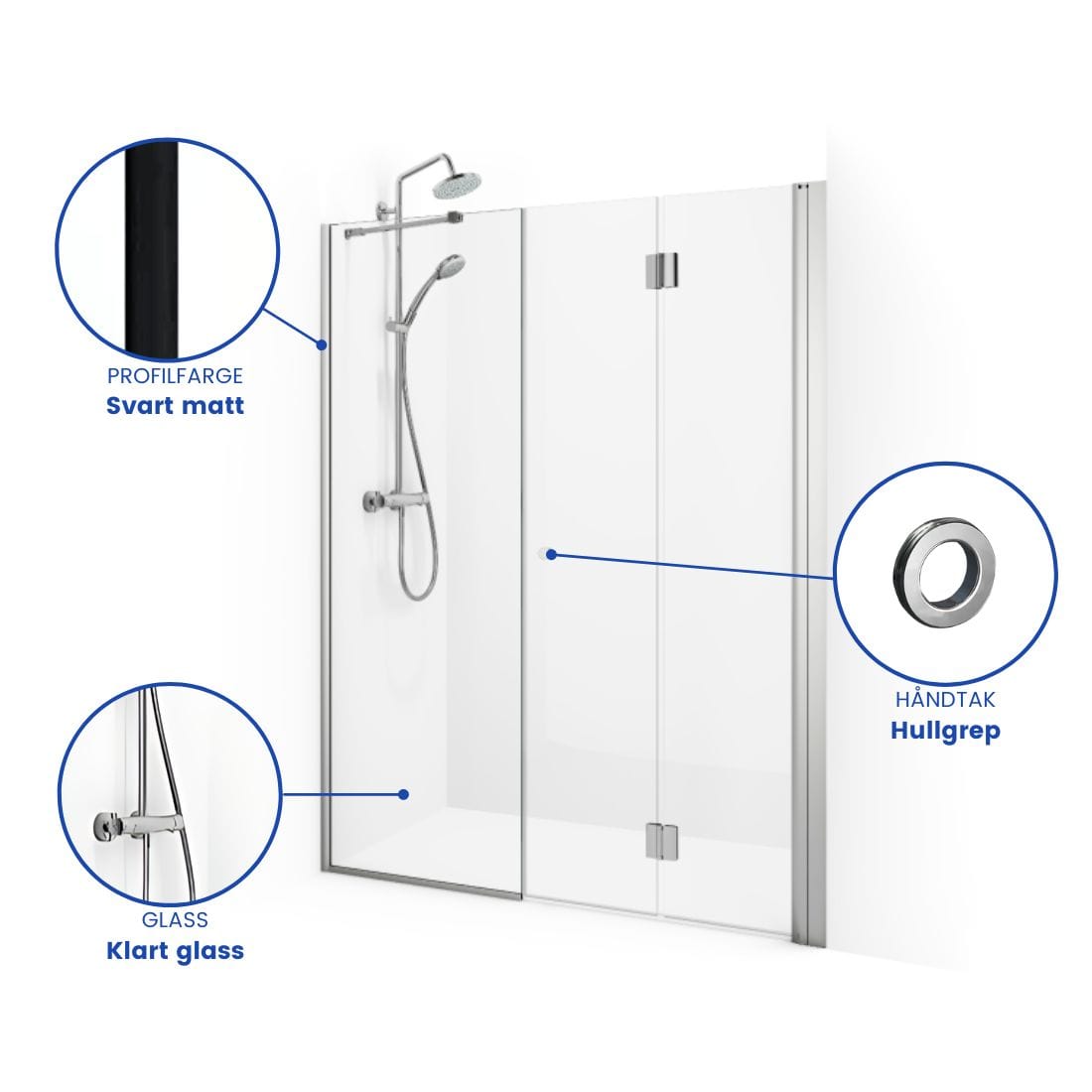 Macro Design SPIRIT Nisjedusj Vik Swing- med hullgrep Svart matt / 70+67cm / Klart glass Macro Design Dusjnisje BUN-DSVSV767SGKL