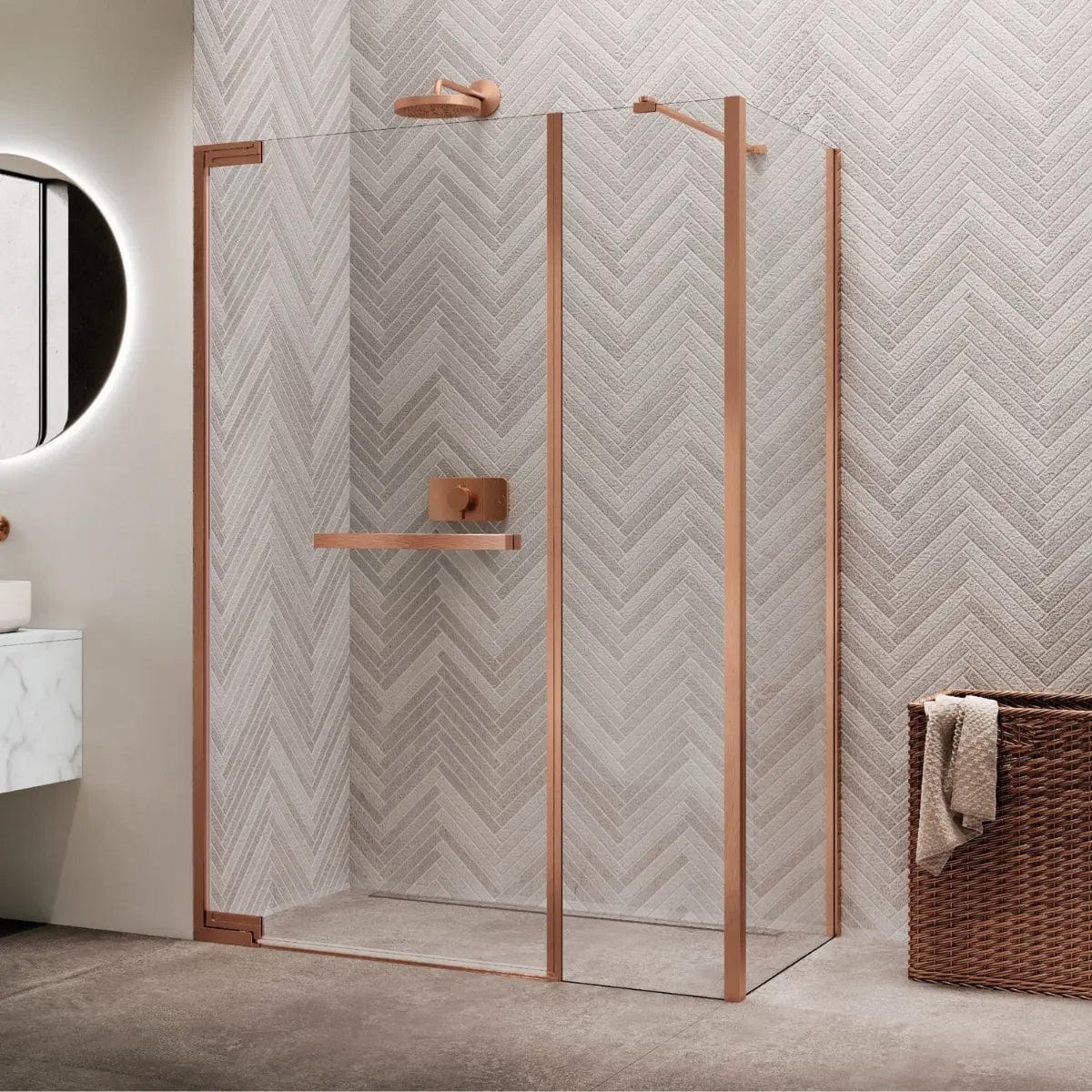 Novellini N180 F Sidefastfelt for Inlinea hjørne Børstet kobber / 80cm / Klart glass Novellini Dusjvegg KO-N180F80-1R