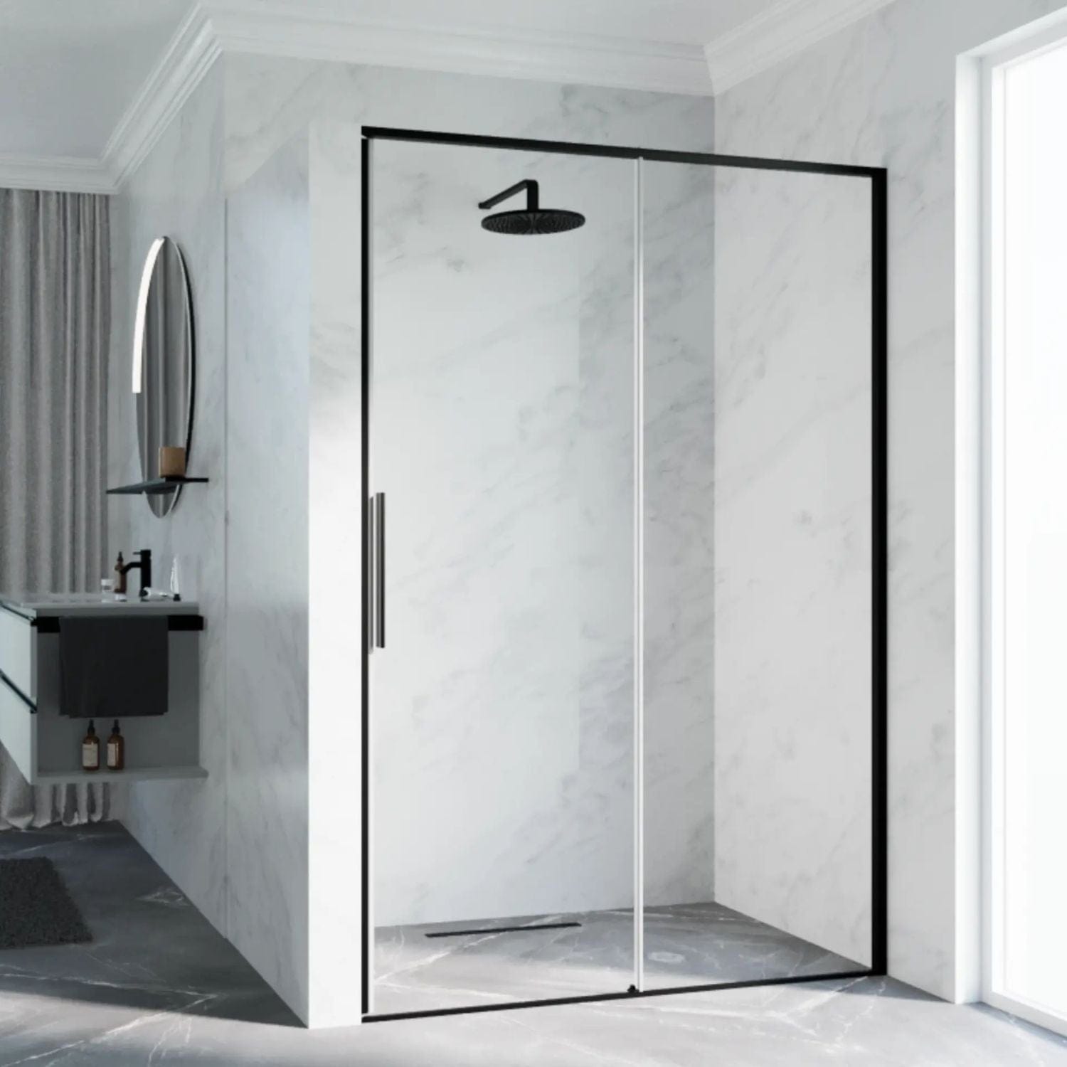 Novellini Riga 2P skyvedører Svart matt / 96cm / Høyre hengslet Novellini Dusjdør KO-RIG2P96D-1H