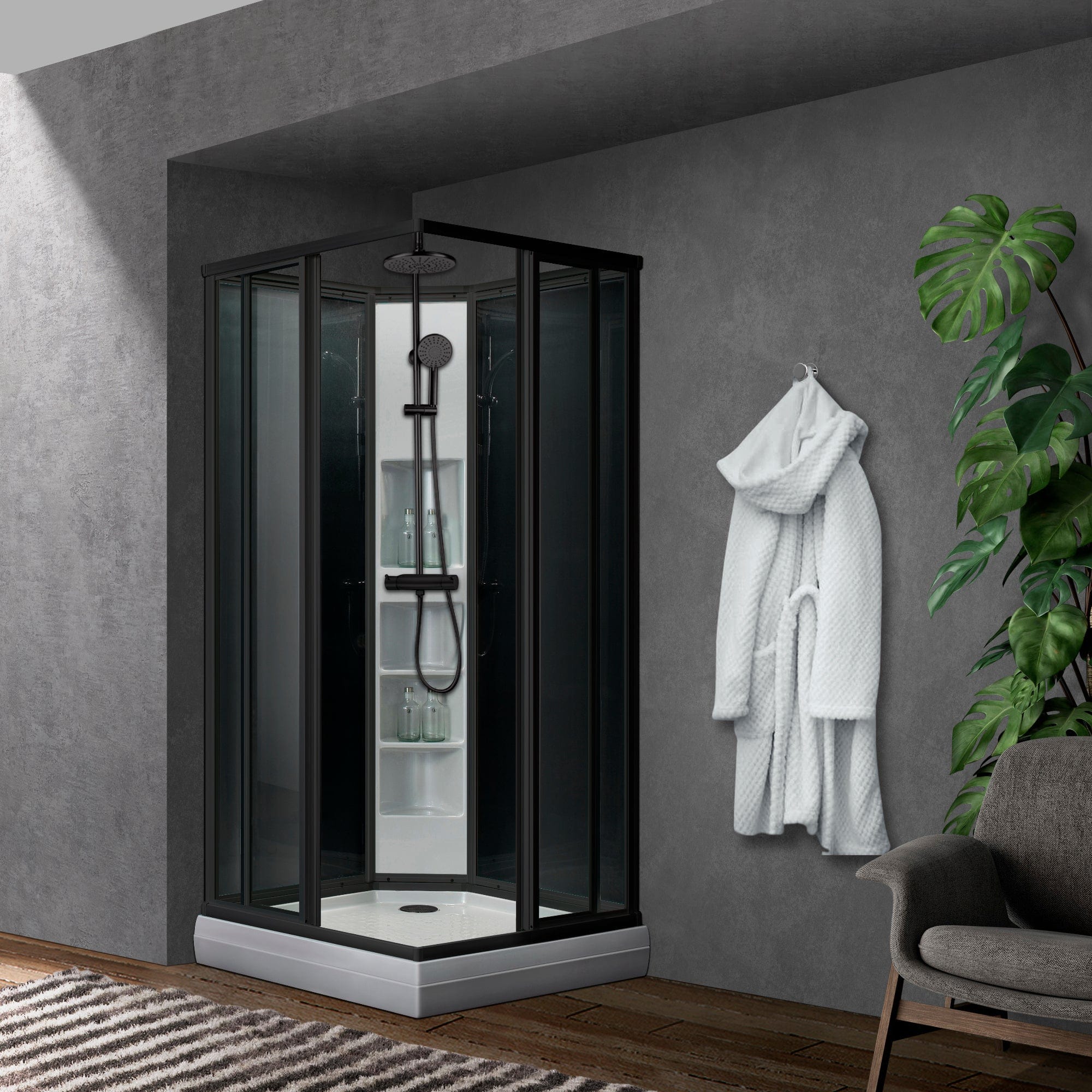 Sanipro Classic Firkantet Dusjkabinett Svart sotet bakvegger Svart matt / 70x90cm høyre / Plus Sanipro Dusjkabinett SA-10224