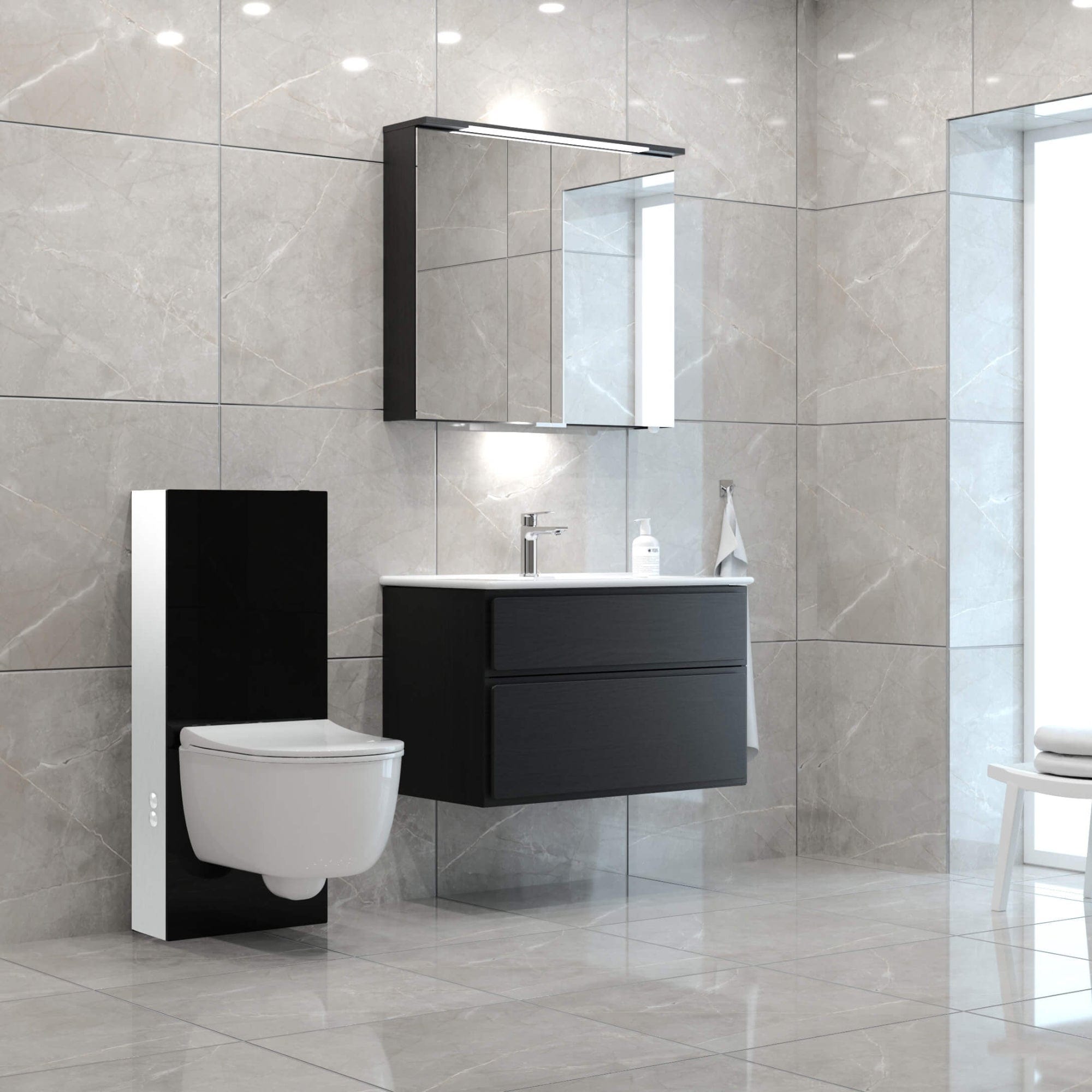 Svedbergs Glassbox Alta Toalettpakke: veggskål, soft-close sete og sisterne Svart / Hvit Svedbergs Toalettpakker BUN-9072BOXS