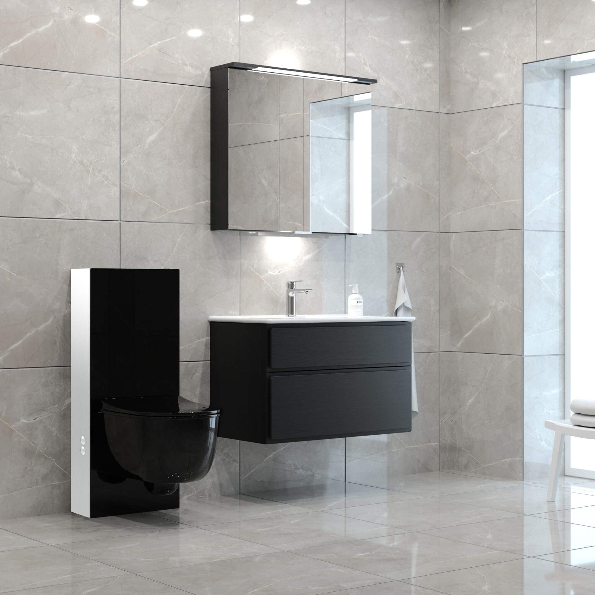 Svedbergs Glassbox Alta Toalettpakke: veggskål, soft-close sete og sisterne Svart / Svart matt Svedbergs Toalettpakker BUN-90770BOXS