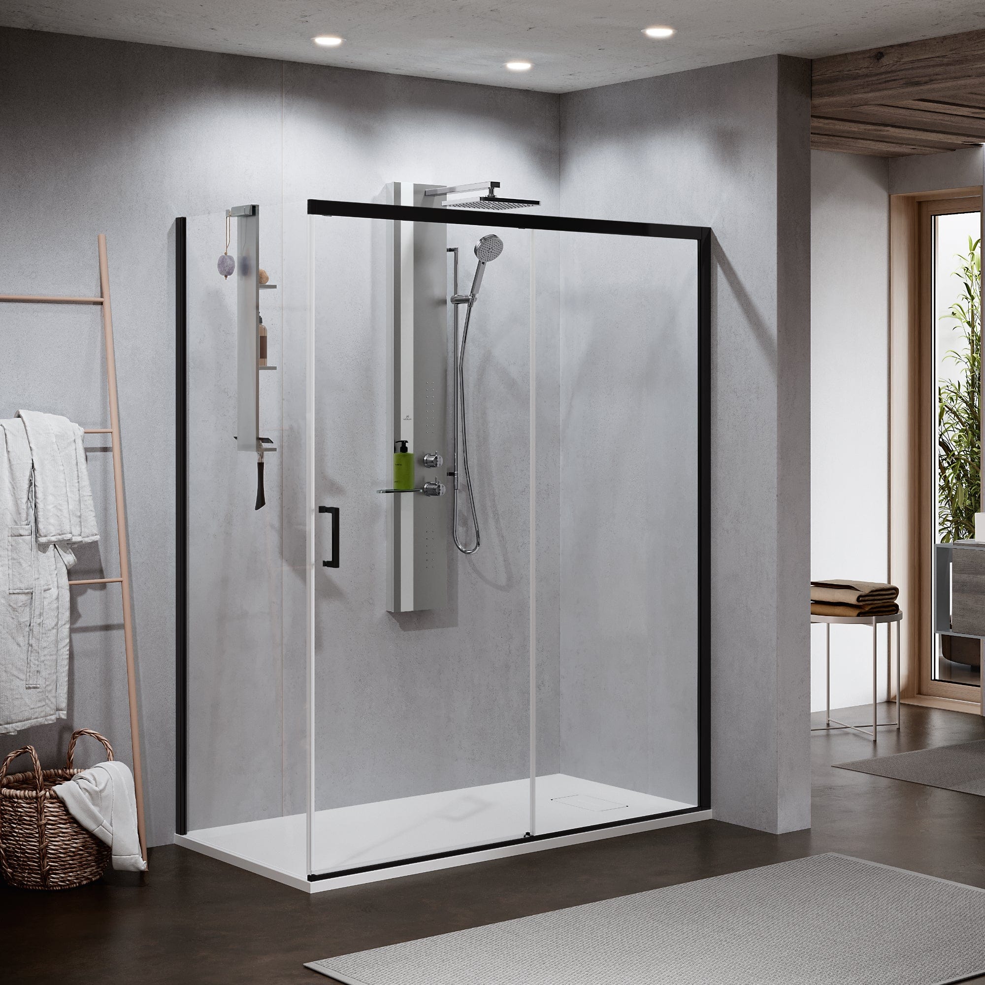 Novellini Zephyros 2.0 PH Skyvedør 120-160cm Svart matt / 120cm høyre / Klart glass Novellini Dusjdør KO-621504120H