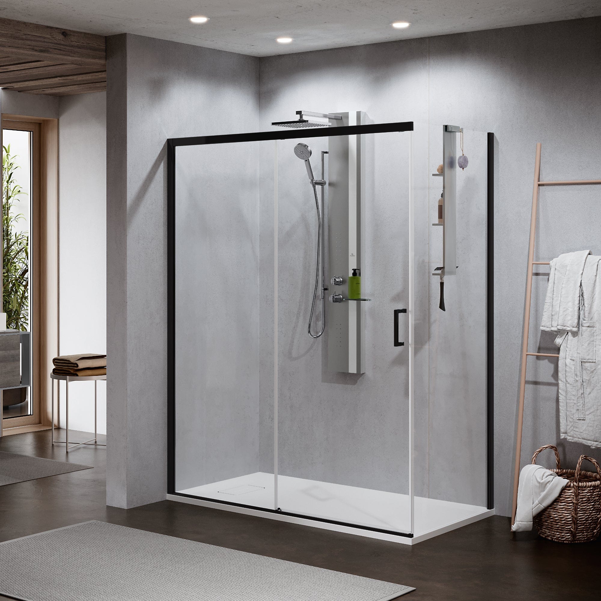 Novellini Zephyros 2.0 PH Skyvedør 120-160cm Svart matt / 120cm venstre / Klart glass Novellini Dusjdør KO-621504120V