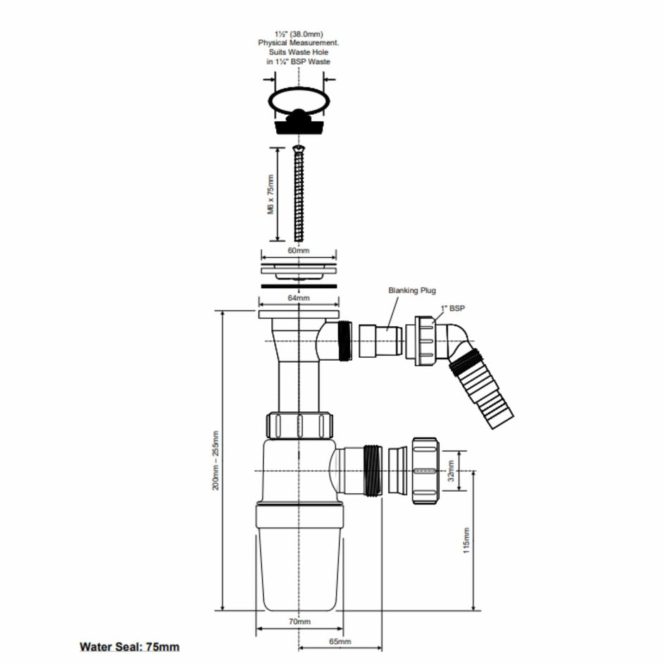 Altech Flaskevannlås 1¼" x 32/40 mm Med avgrening for vaske- og oppvaskmaskin Altech Vannlås