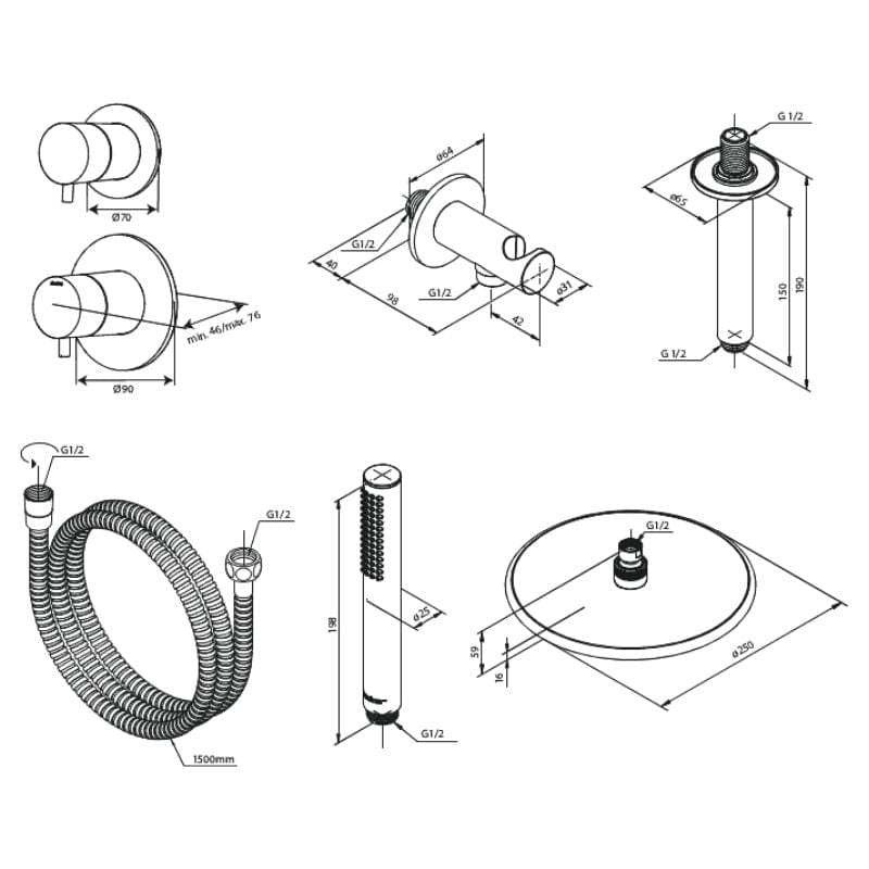 Damixa Silhouet DS 2 for Takdusj Innbygging Damixa Blandebatteri innbygging