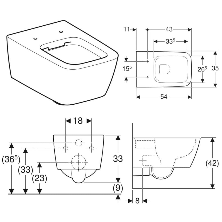 Geberit iCon Kantet Rimfree Veggskål uten sete Geberit Vegghengt toalett