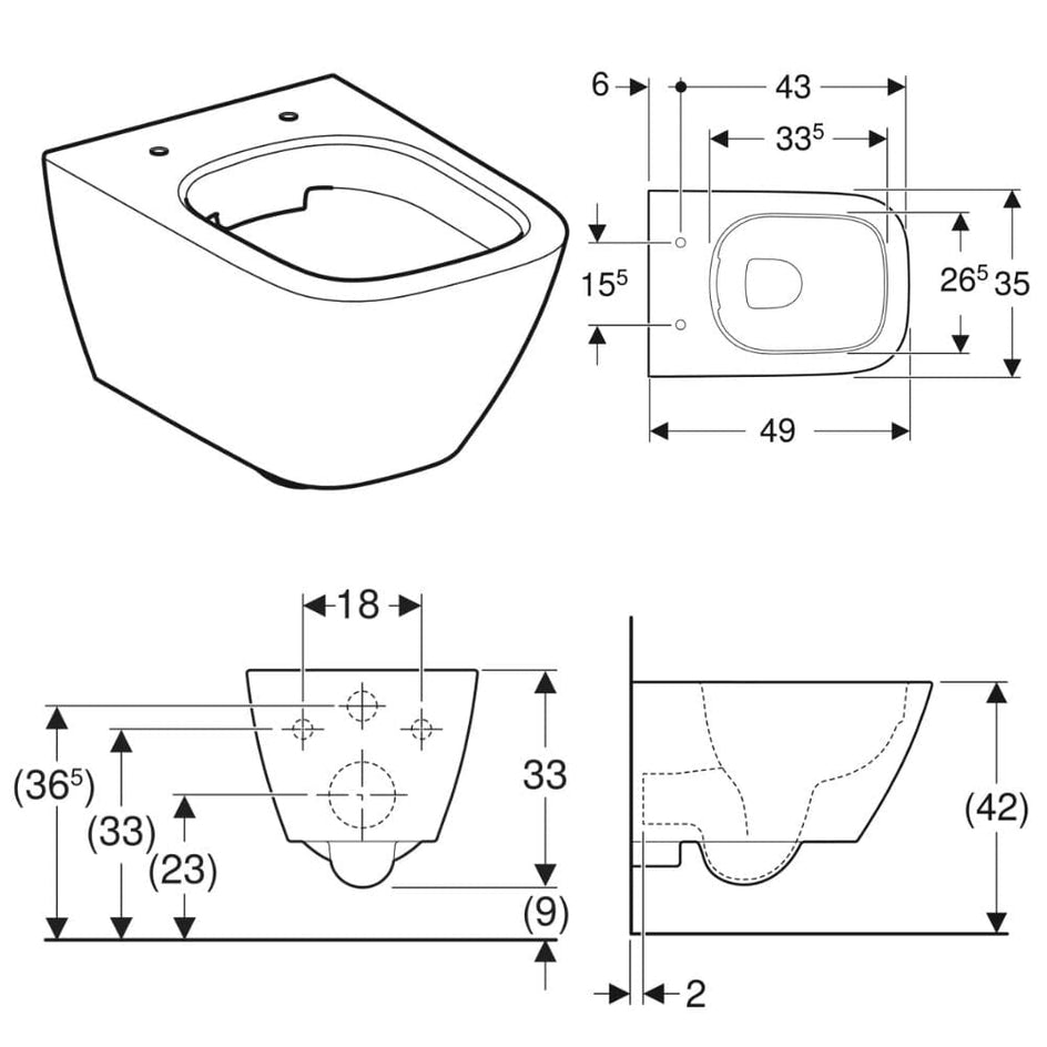 Geberit Smyle Kompakt Rimfree Veggskål uten sete Geberit Vegghengt toalett