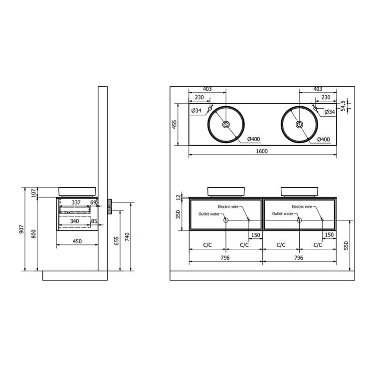 INR Air Wood Servantskap 2 Hel front med 2 Skuffer B1592xH350xD450mm