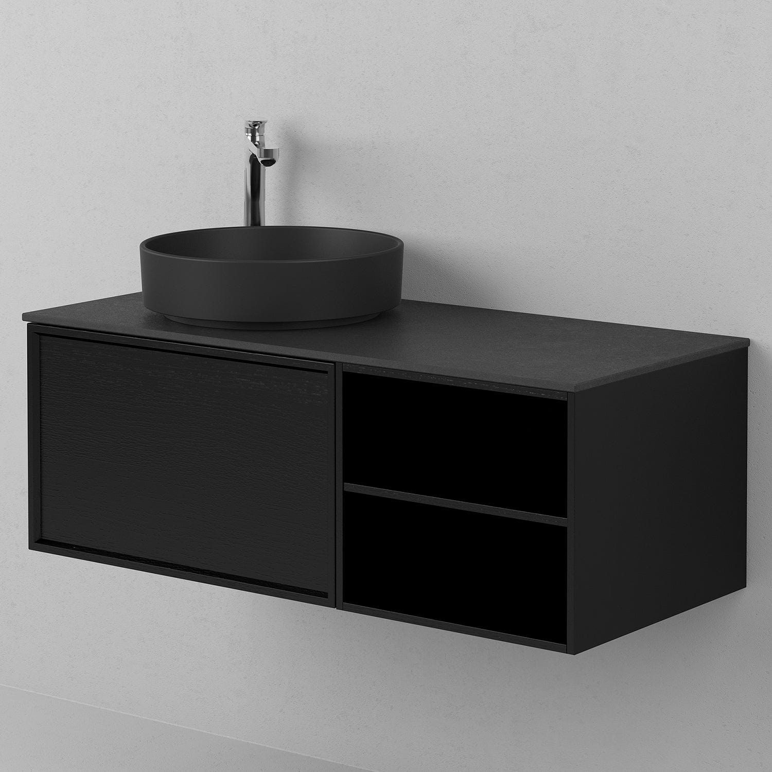 INR Air Wood Servantskap Hel front med 2 Skuffer og Åpen oppbevaring H350xD450mm Black oak / 100cm / Høyre INR Iconic Nordic Rooms Servantskap INR-363439