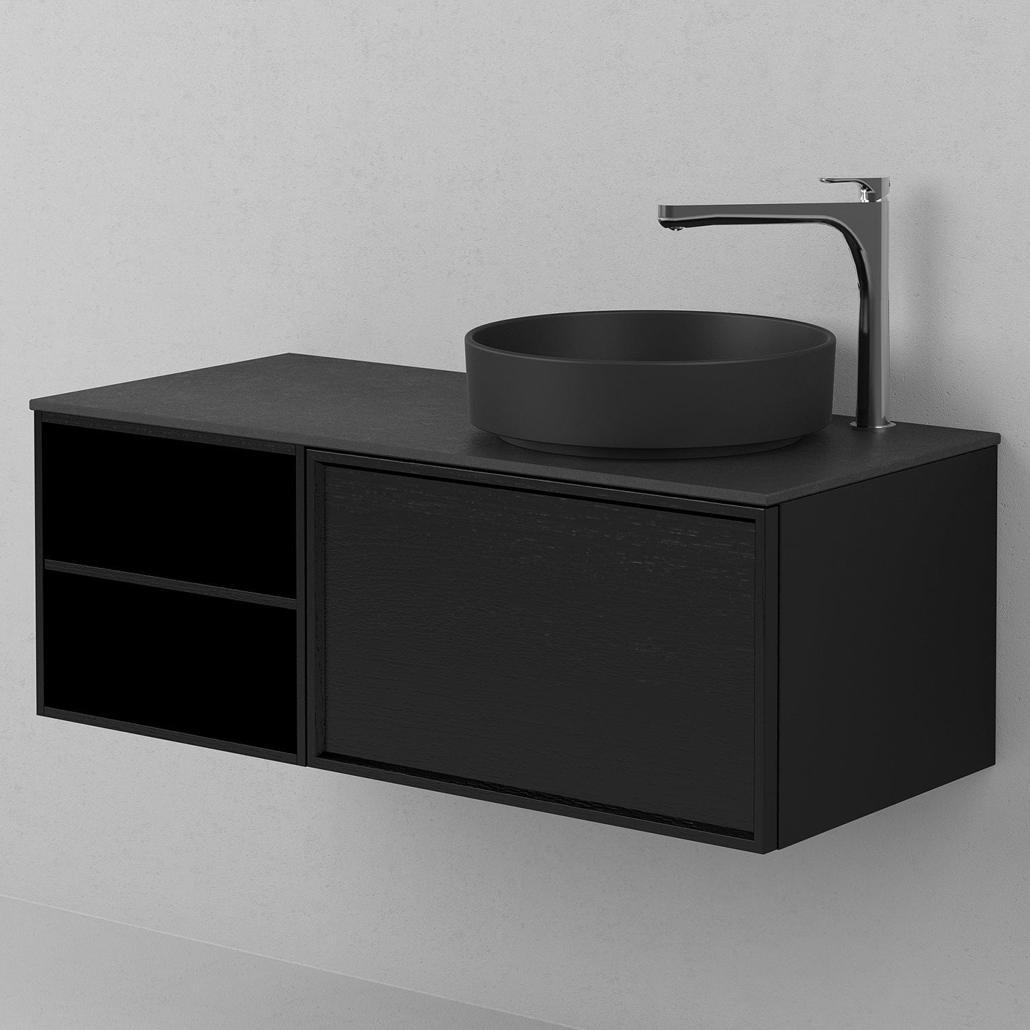 INR Air Wood Servantskap Hel front med 2 Skuffer og Åpen oppbevaring H350xD450mm Black oak / 100cm / Venstre INR Iconic Nordic Rooms Servantskap INR-363339