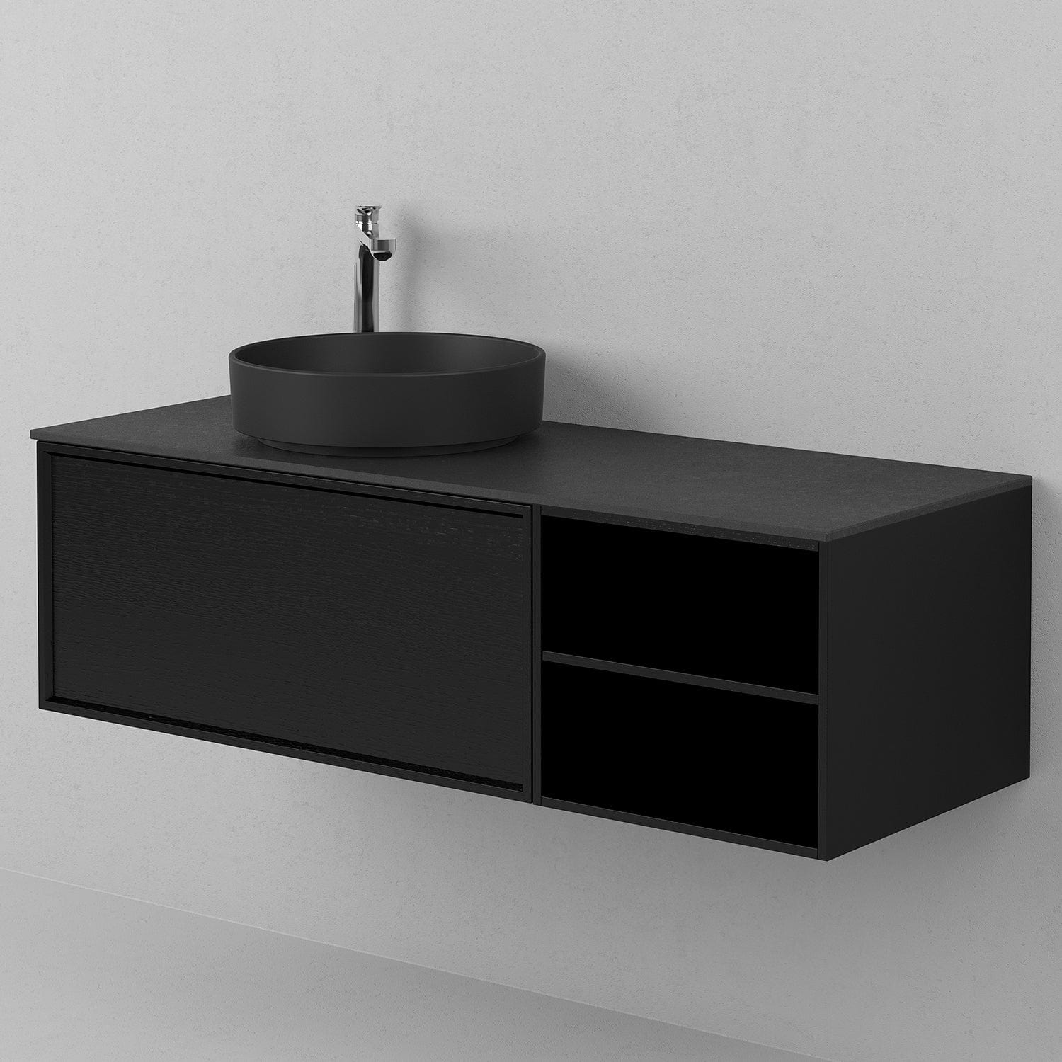 INR Air Wood Servantskap Hel front med 2 Skuffer og Åpen oppbevaring H350xD450mm Black oak / 120cm / Høyre INR Iconic Nordic Rooms Servantskap INR-363839