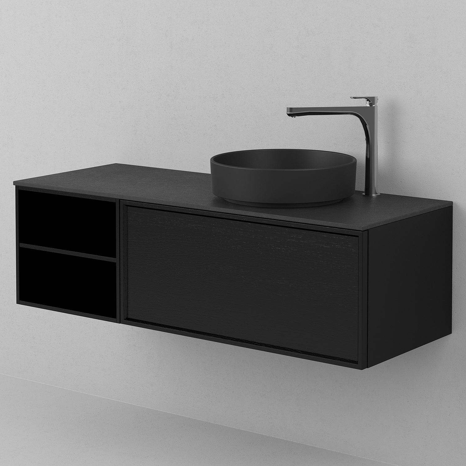 INR Air Wood Servantskap Hel front med 2 Skuffer og Åpen oppbevaring H350xD450mm Black oak / 120cm / Venstre INR Iconic Nordic Rooms Servantskap INR-363739