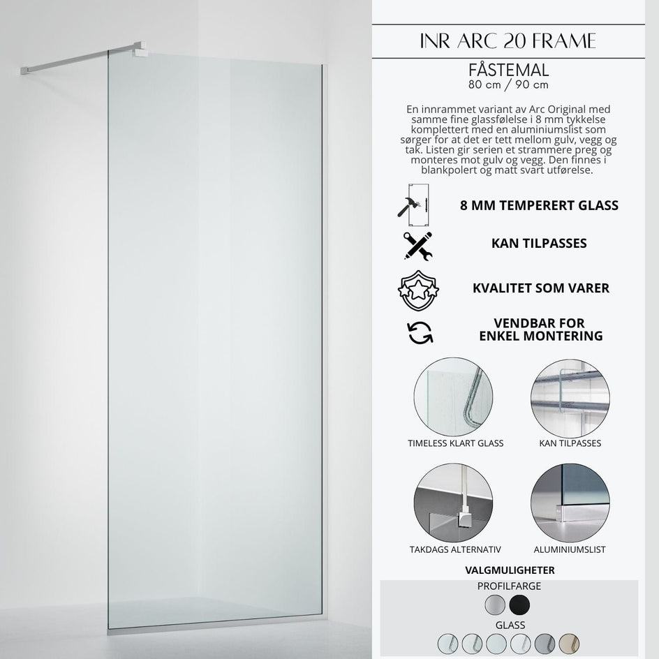 INR ARC 20 Frame Skjermvegg Standardmål INR Iconic Nordic Rooms Dusjvegg