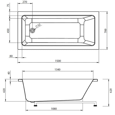 Interform Idun Badekar 150-170x70 - uten paneler Interform Firkantet badekar