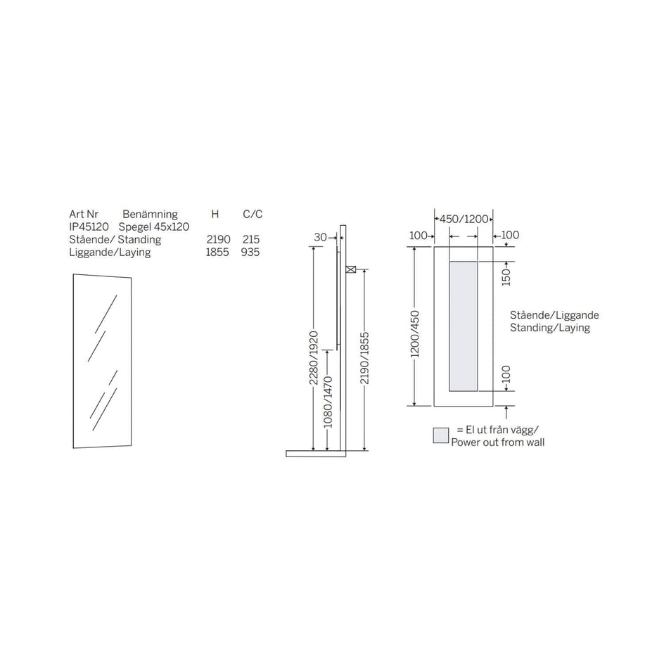 Macro Design Avlange Speil 45cm Macro Design Baderomsspeil IP45120