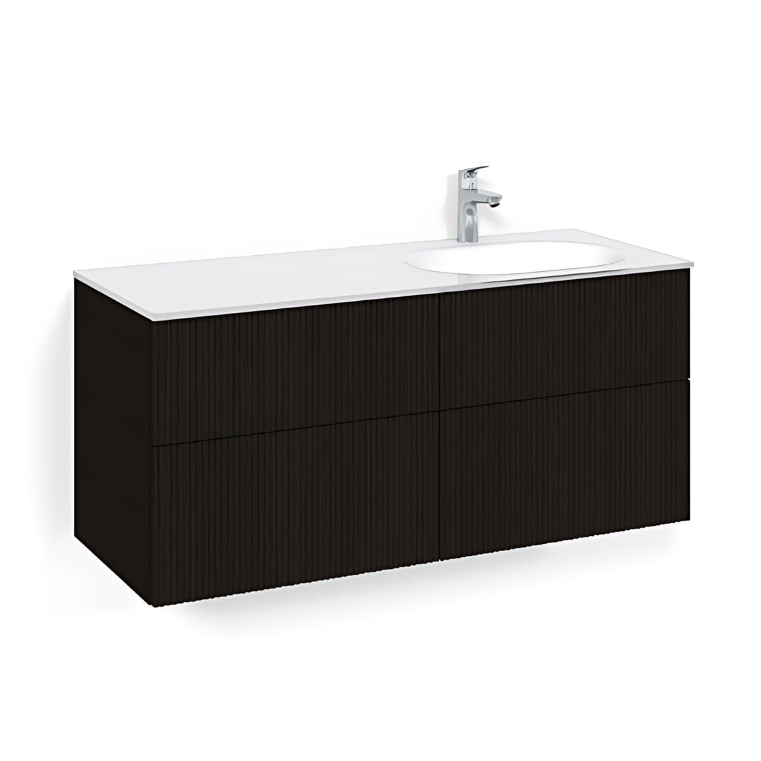 Macro Design CROWN Line Servantskap 4-skuff - med Høyre Glasservant 120cm Svart eik / Line / Glass Edge hvit Macro Design Møbelpakke bad BUN-FSK120SLVGHH