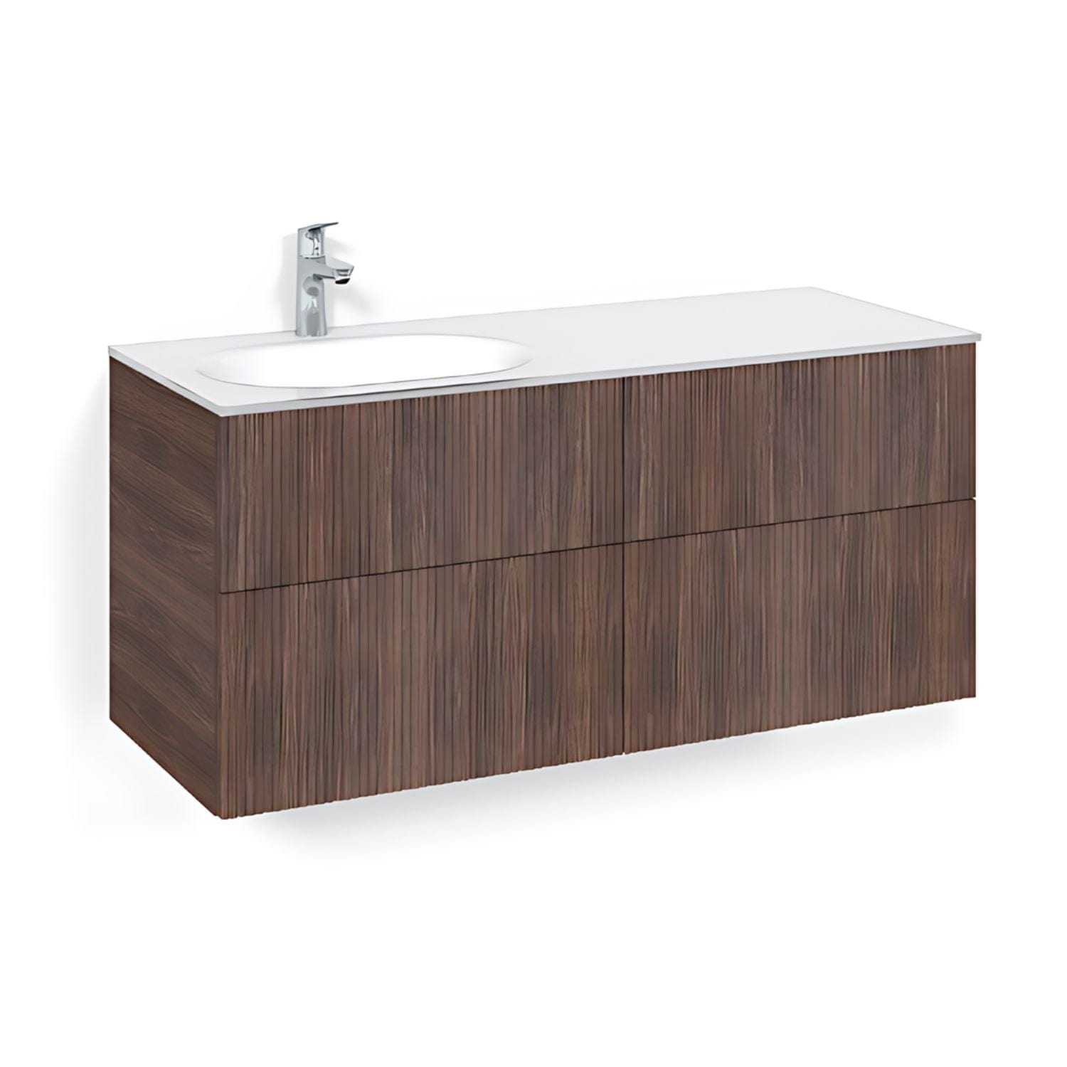 Macro Design CROWN Line Servantskap 4-skuff - med Venstre Glasservant 120cm Brun ask / Line / Glass Edge hvit Macro Design Møbelpakke bad BUN-FSK120BLVGVH