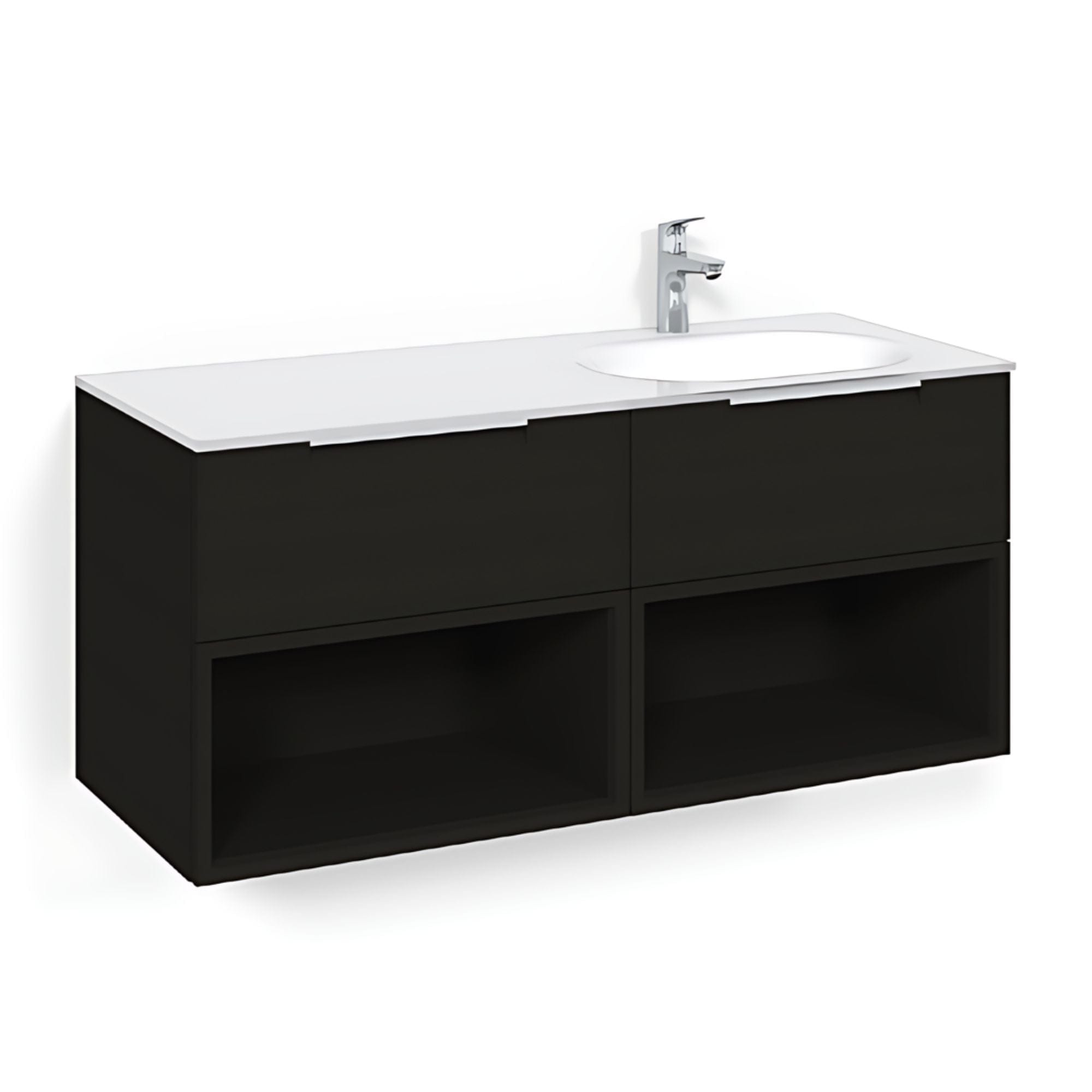 Macro Design CROWN Servantskap 4-skuff - med Høyre Glasservant 120cm Svart eik / Open-box / Glass Edge svart Macro Design Møbelpakke bad BUN-FSK120SOVGHH