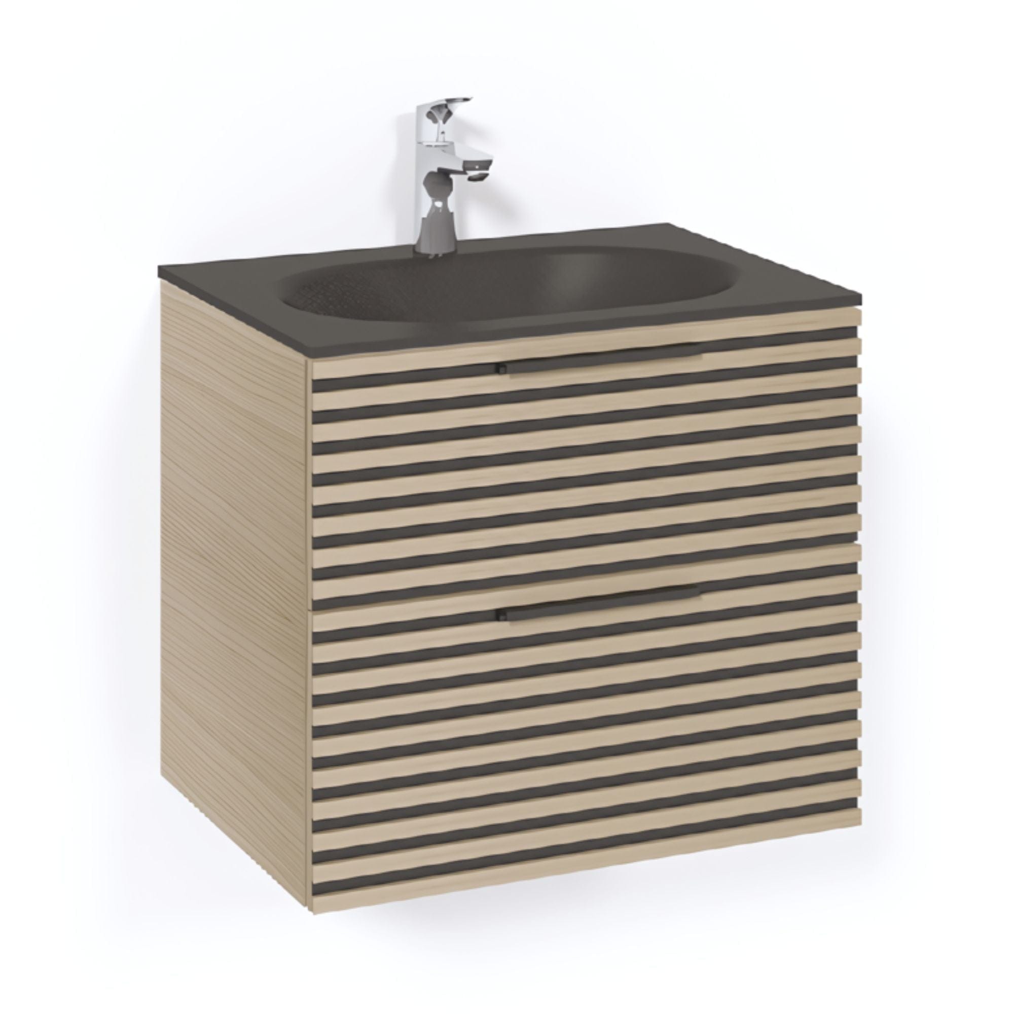 Macro Design CROWN Stripe Servantskap 2-skuff - med Glasservant Eik / 60cm / Glass Edge svart Macro Design Møbelpakke bad BUN-FSK60EZSG