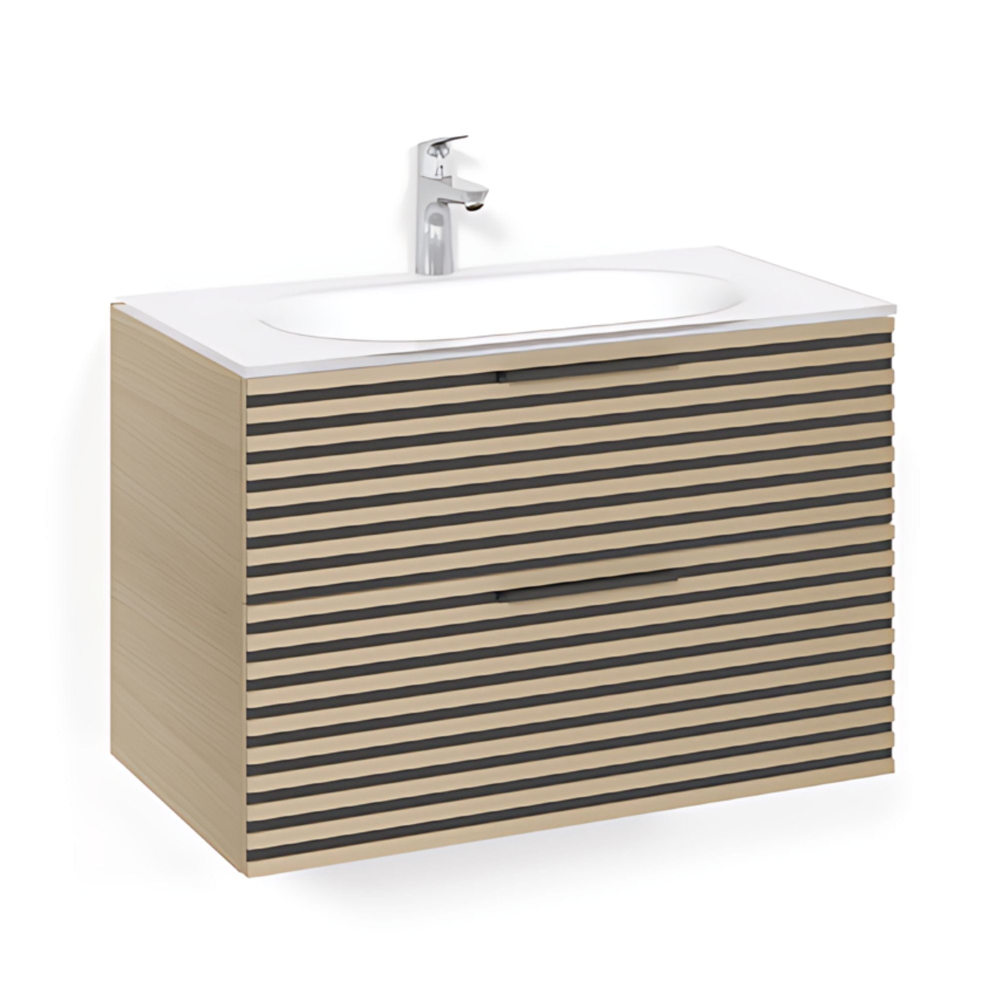 Macro Design CROWN Stripe Servantskap 2-skuff - med Glasservant Eik / 80cm / Glass Edge hvit Macro Design Møbelpakke bad BUN-FSK80EZVG