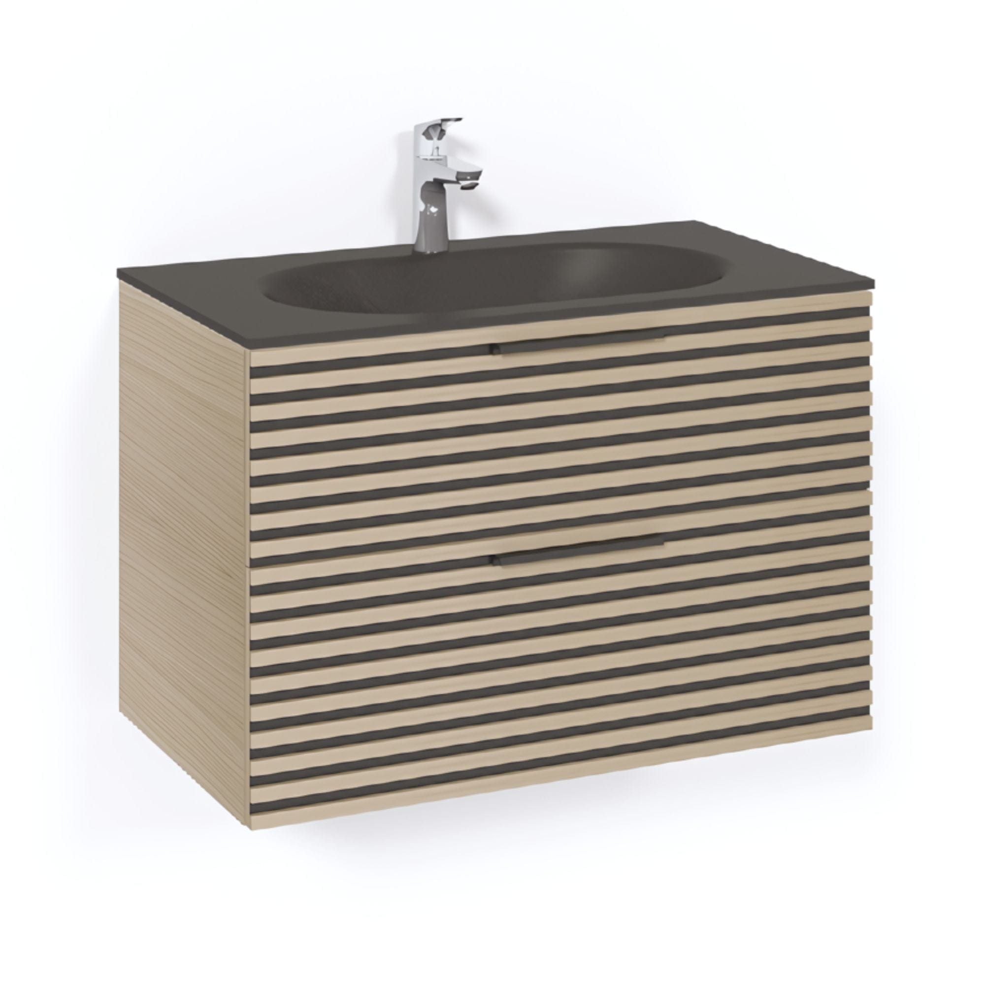 Macro Design CROWN Stripe Servantskap 2-skuff - med Glasservant Eik / 80cm / Glass Edge svart Macro Design Møbelpakke bad BUN-FSK80EZSG