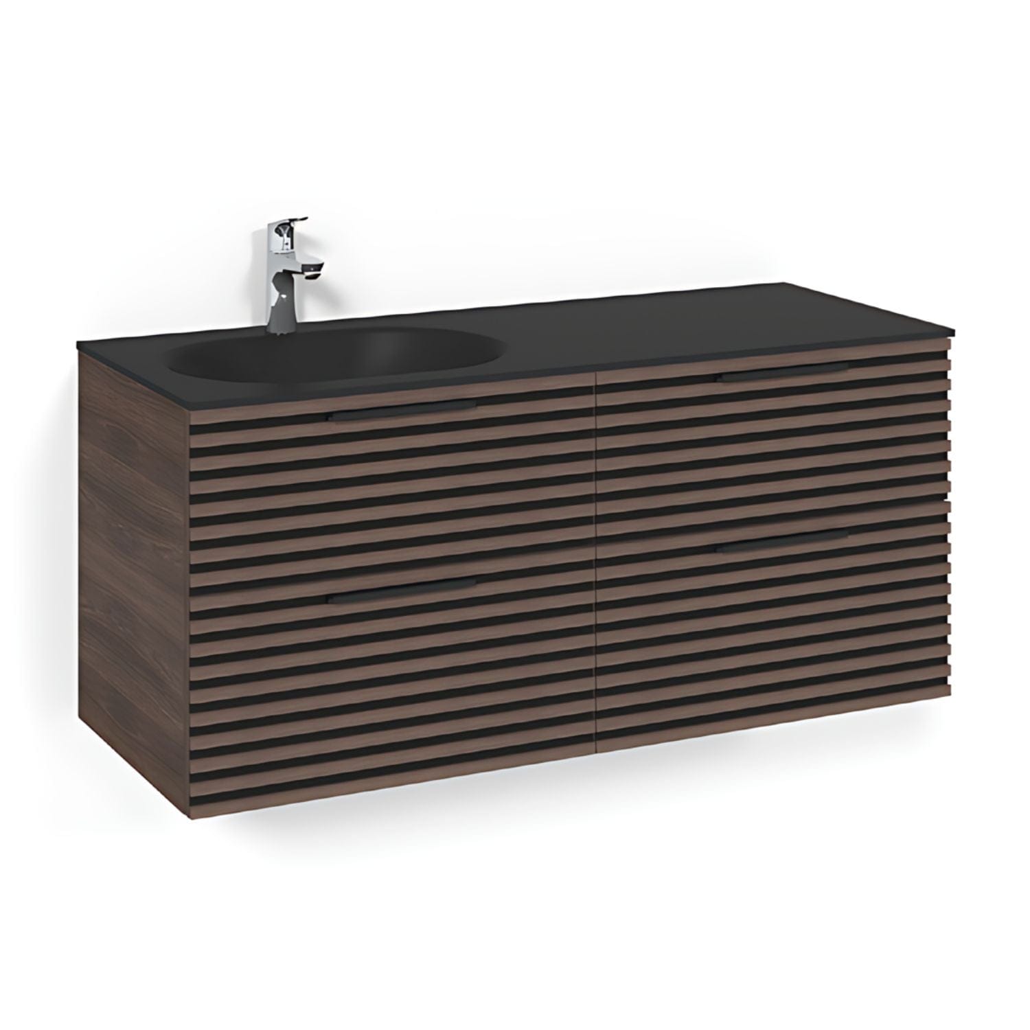 Macro Design CROWN Stripe Servantskap 4-skuff - med Venstre Glasservant 120cm Brun ask / Stripe / Glass Edge svart Macro Design Møbelpakke bad BUN-FSK120BZSGVH