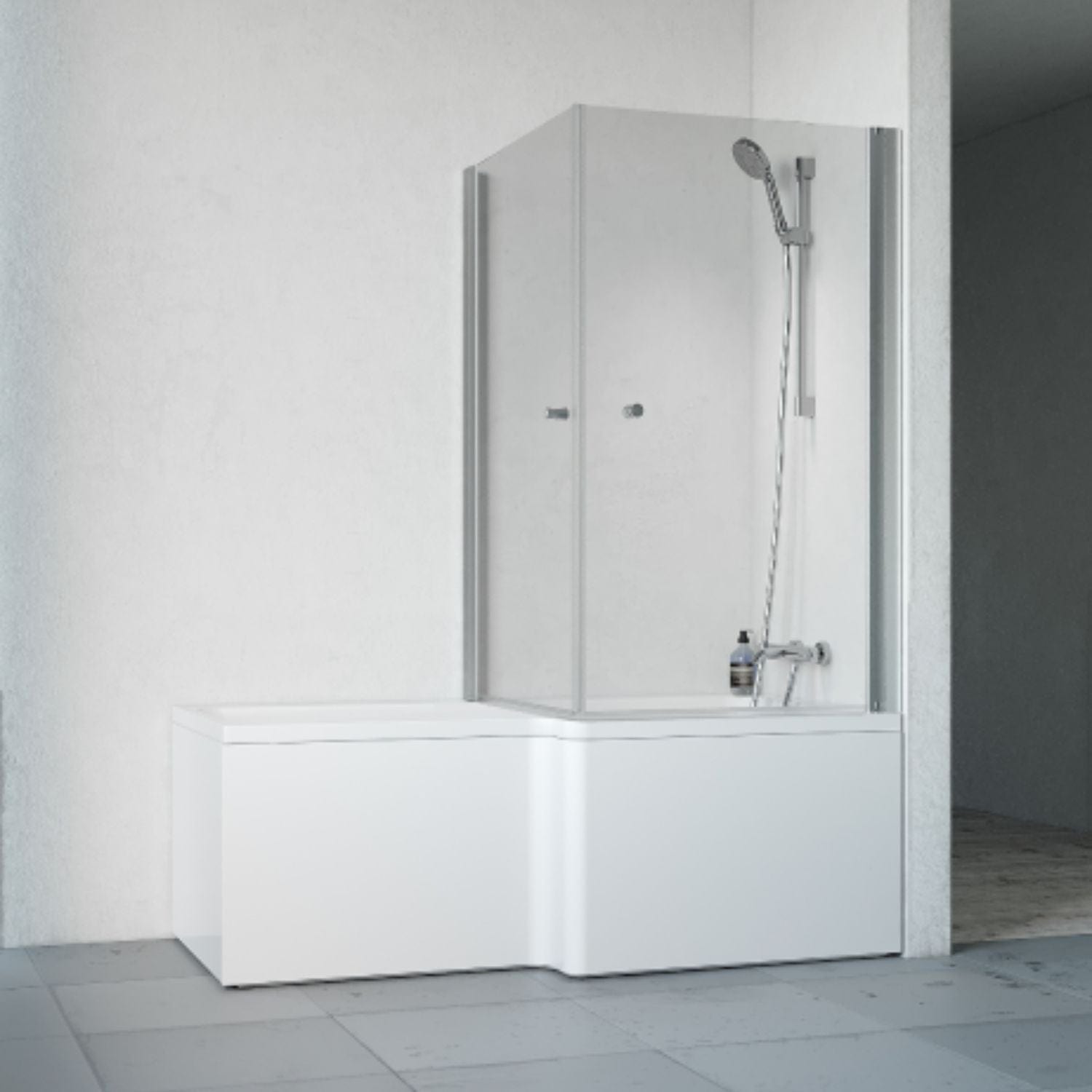 Macro Design Divine Badekar med Spirit Dusjvegger Krom / 83x83cm med knott / Høyre Macro Design Badekarvegg BUN-DSBADHH8383GKKL