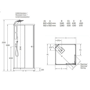 Macro Design FLOW Rett Dusjkabinett Innfelt Blandebatteri Ice