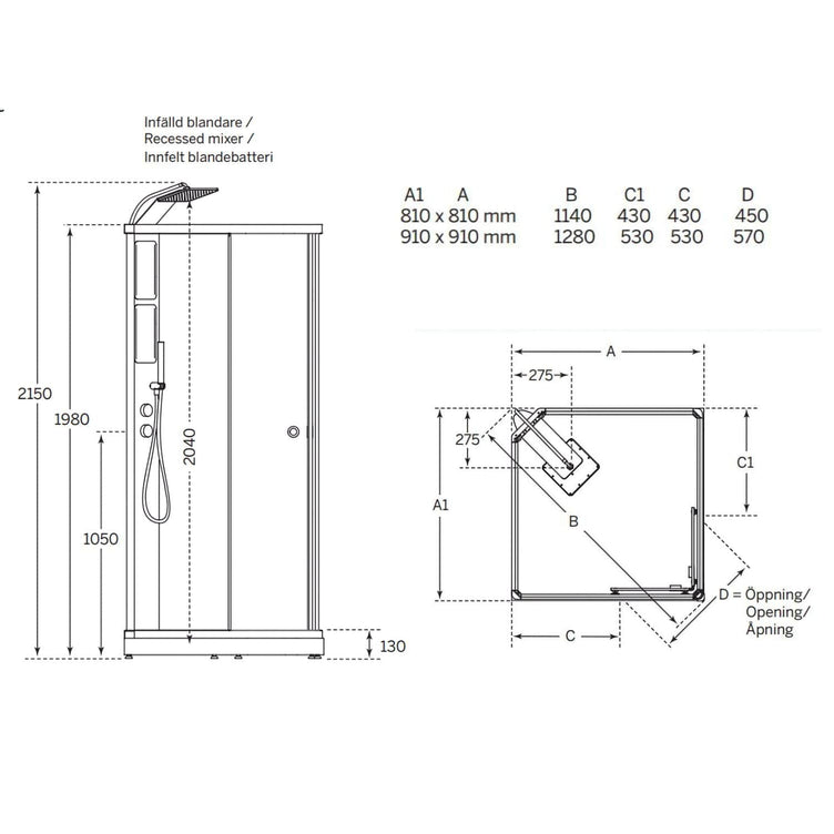 Macro Design FLOW Rett Dusjkabinett Innfelt Blandebatteri