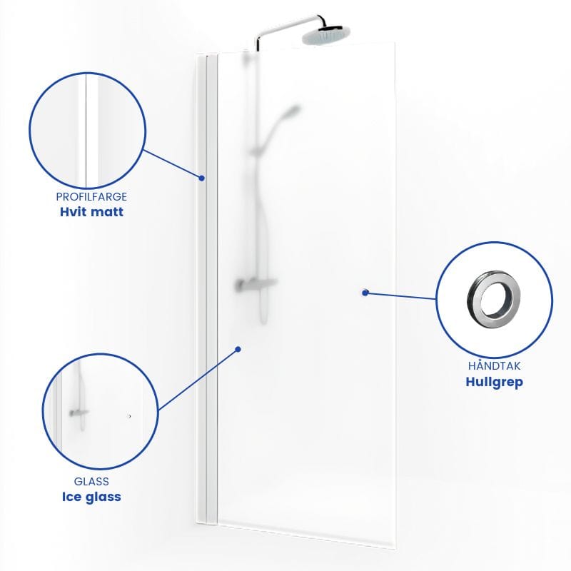 Macro Design SPIRIT Dusjdør Rett - med hullgrep Hvit matt / 67cm / Ice glass Macro Design Dusjdør BUN-DSSKV67GIC